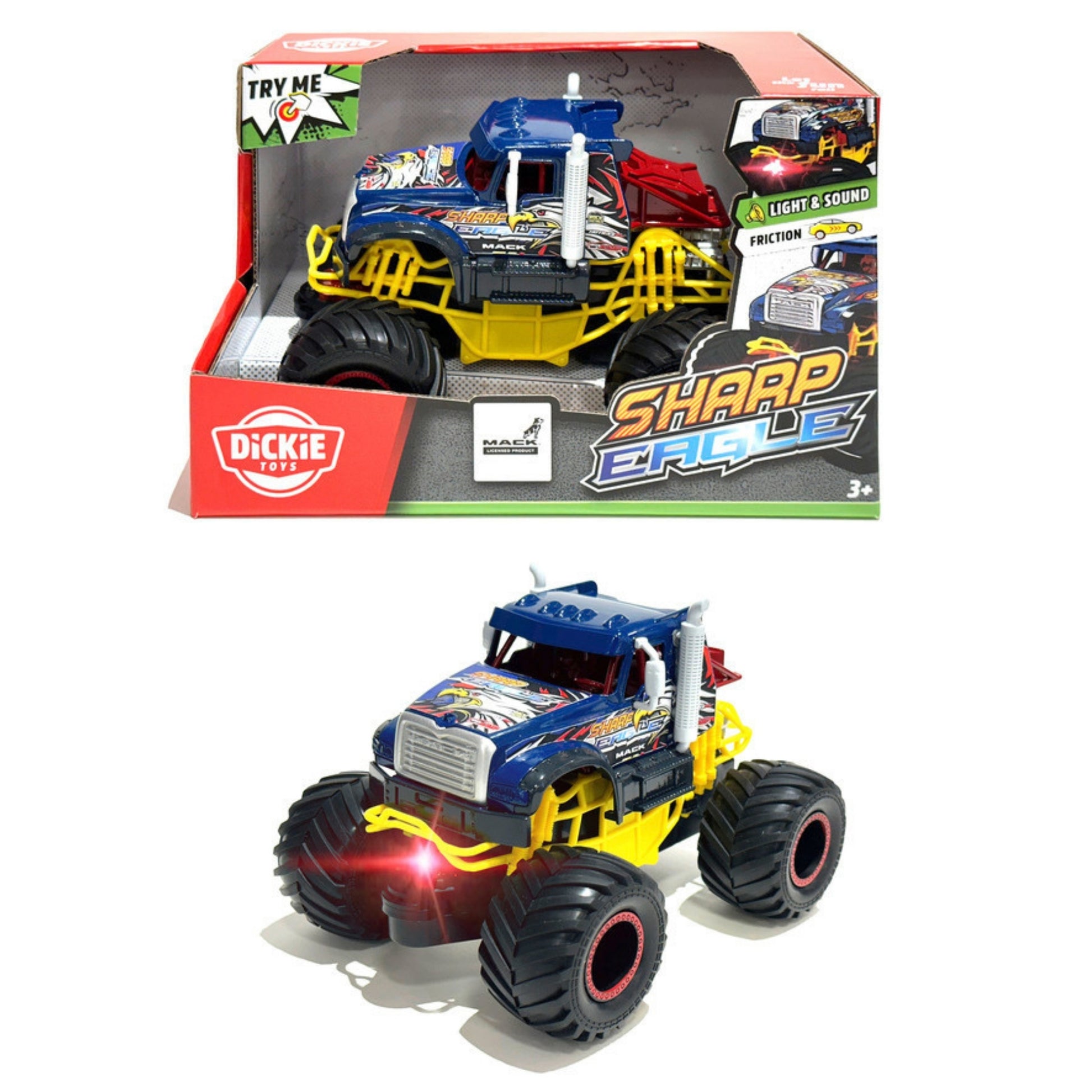 The Dickie Toys Monster Trucks Sharp Eagle features large yellow wheels, a blue and yellow body with eagle graphics, shown in red and white packaging and out of the box with its lights on.