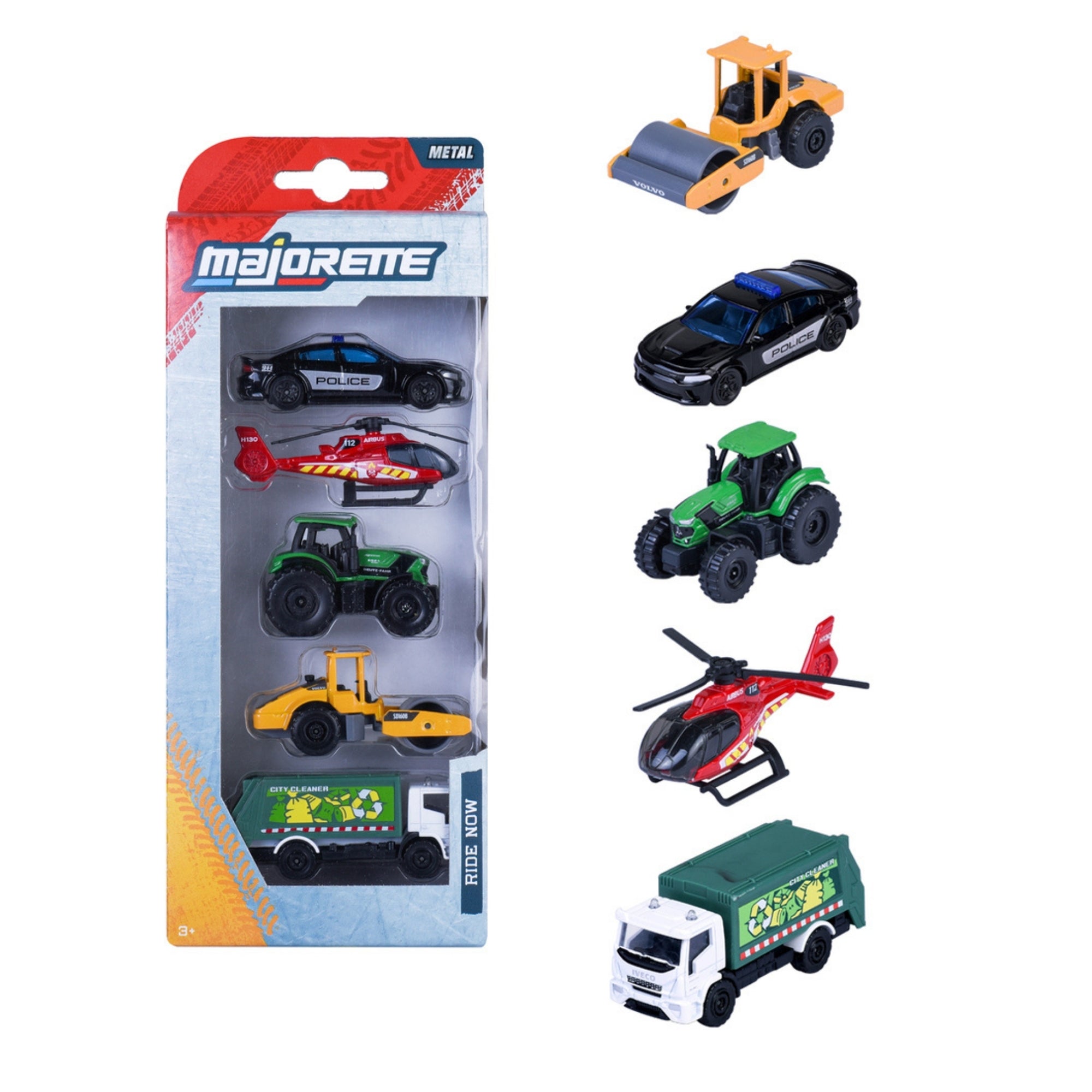 The Majorette Street Car 5 Piece Diecast Set includes a police car, tractor, construction vehicle, helicopter, and garbage truck, all shown in packaging and individually displayed to the right of the box.