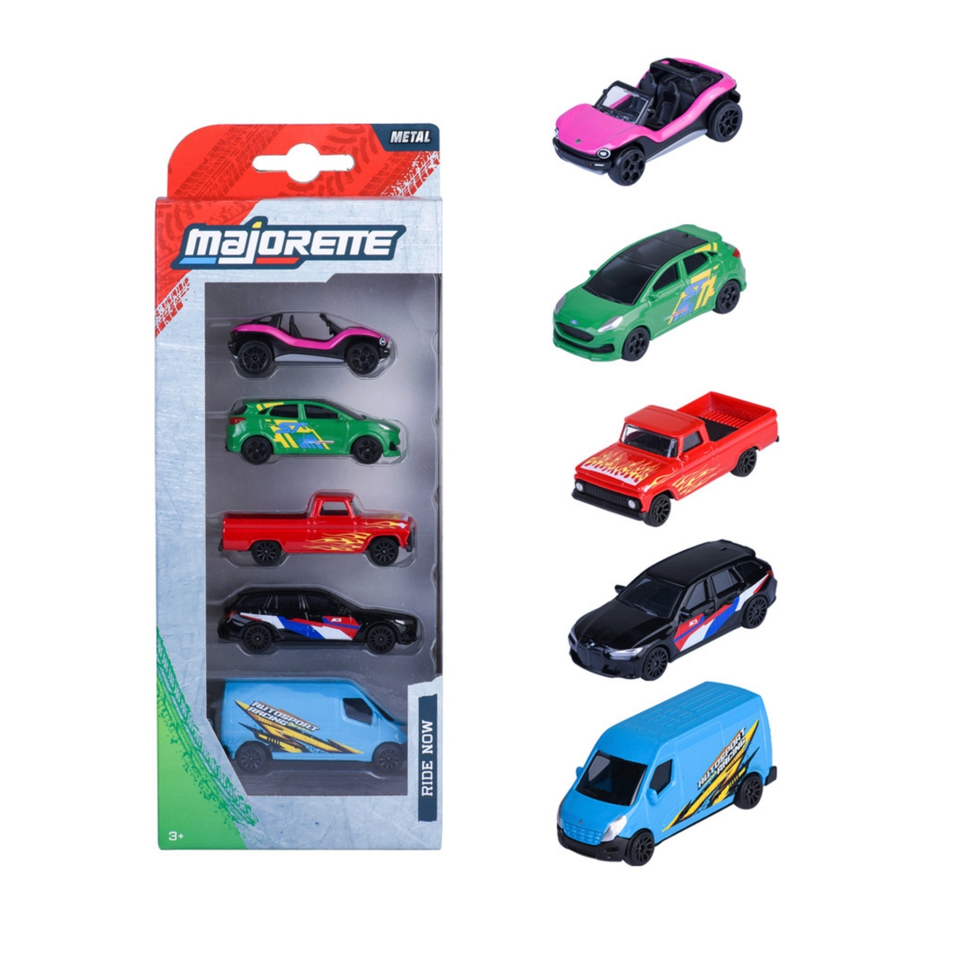 The Majorette Street Car 5 Piece Diecast Set features five assorted miniature vehicles—including cars, an SUV, and a van—in various colors and styles, shown both in packaging and individually displayed to the right.