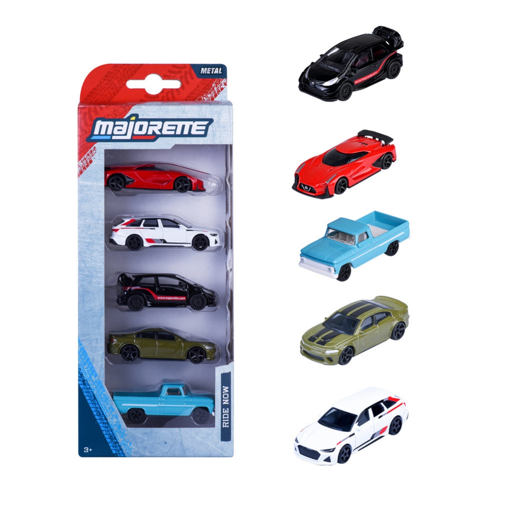 The Majorette Street Car 5 Piece Diecast Set features five mini die-cast vehicles in different colors and designs, including sports cars, SUVs, and a blue pickup truck, all displayed in a box.