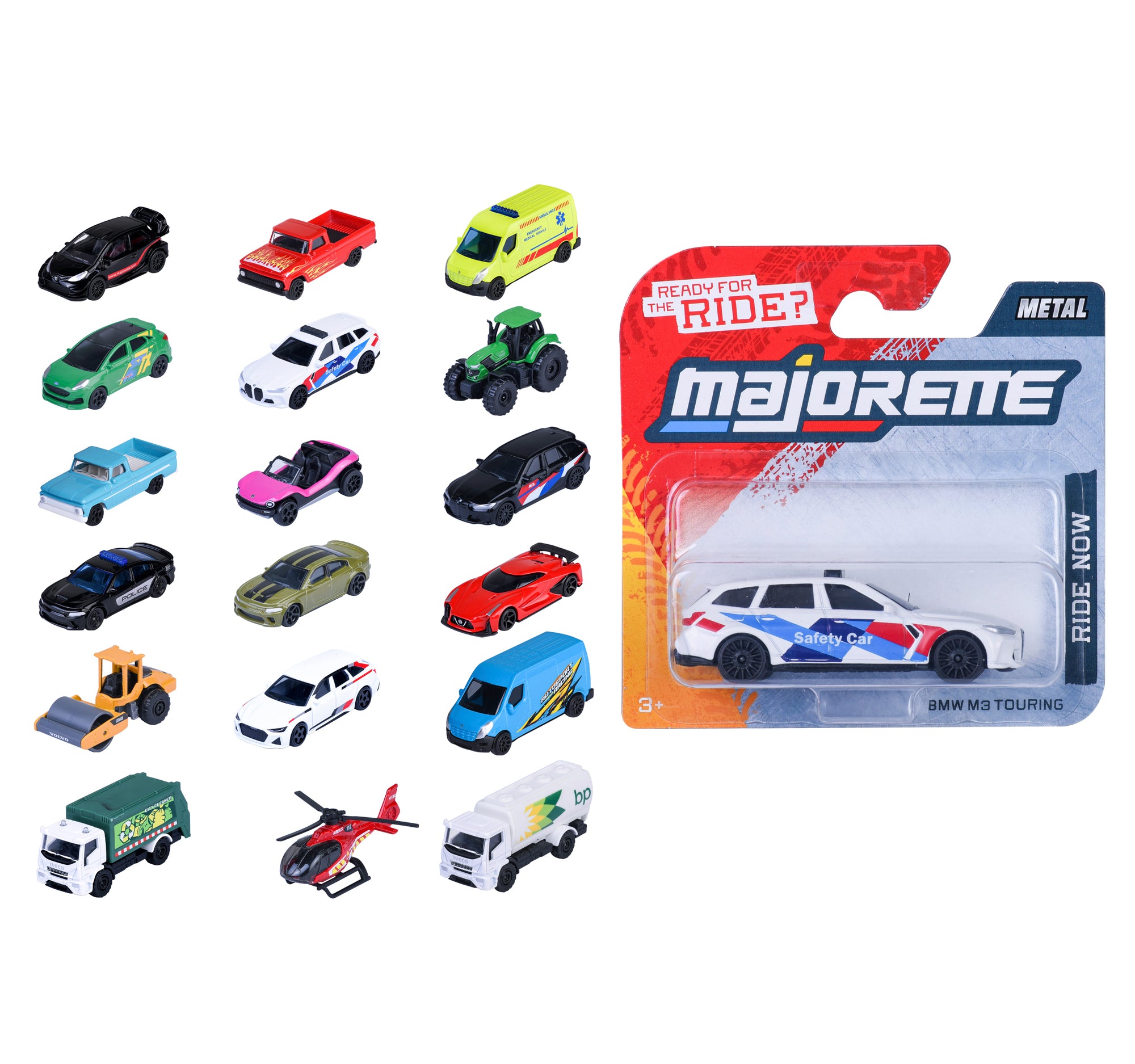 A set of 15 small die-cast vehicles—including cars, trucks, a van, helicopter, and bulldozer—are displayed on a white background. The Majorette Street Cars Assortment is also shown in its packaging on the right for collectors.