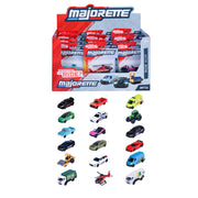 The Majorette Street Cars Asst CDU by Simba Dickie features a display box with 15 individually packaged die-cast vehicles, including cars, trucks, a forklift, ambulance, police car, race car, helicopter, and van.