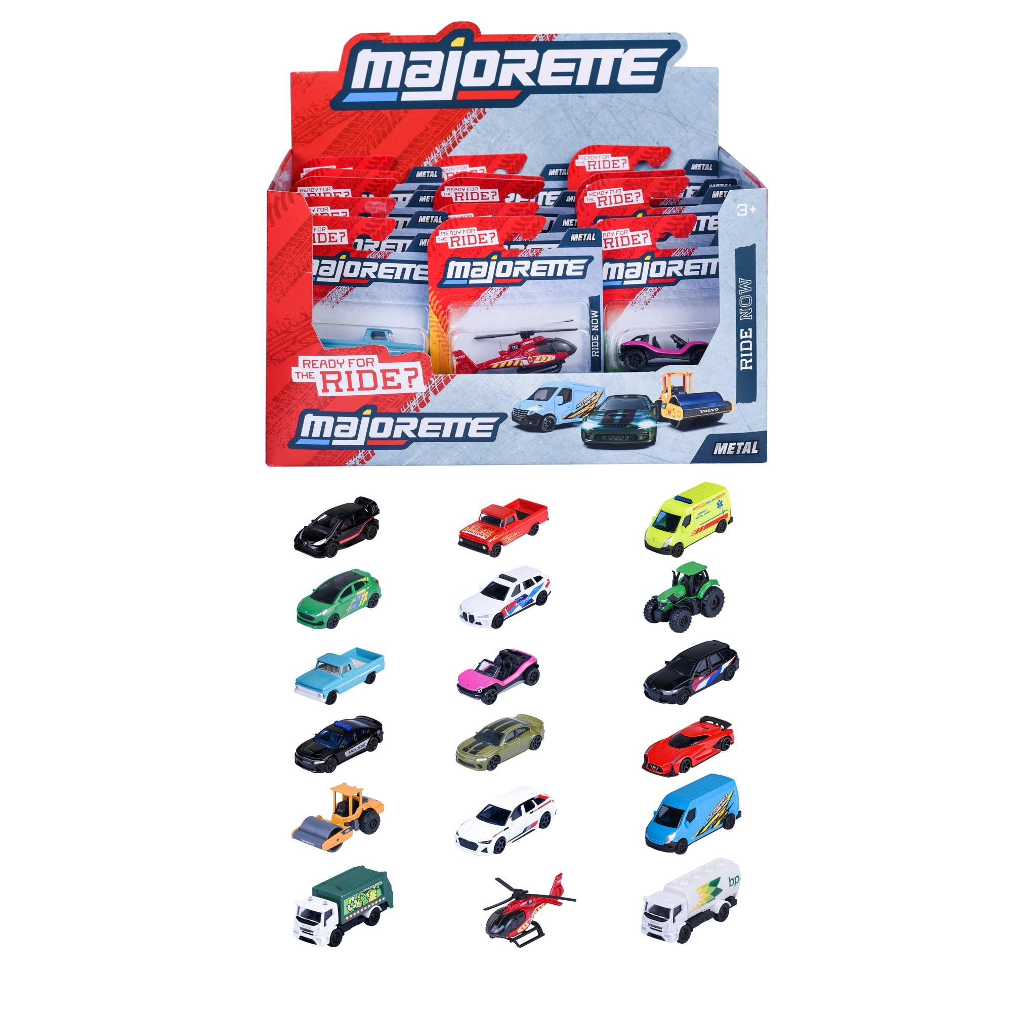 The Majorette Street Cars Asst CDU by Simba Dickie features a display box with 15 individually packaged die-cast vehicles, including cars, trucks, a forklift, ambulance, police car, race car, helicopter, and van.