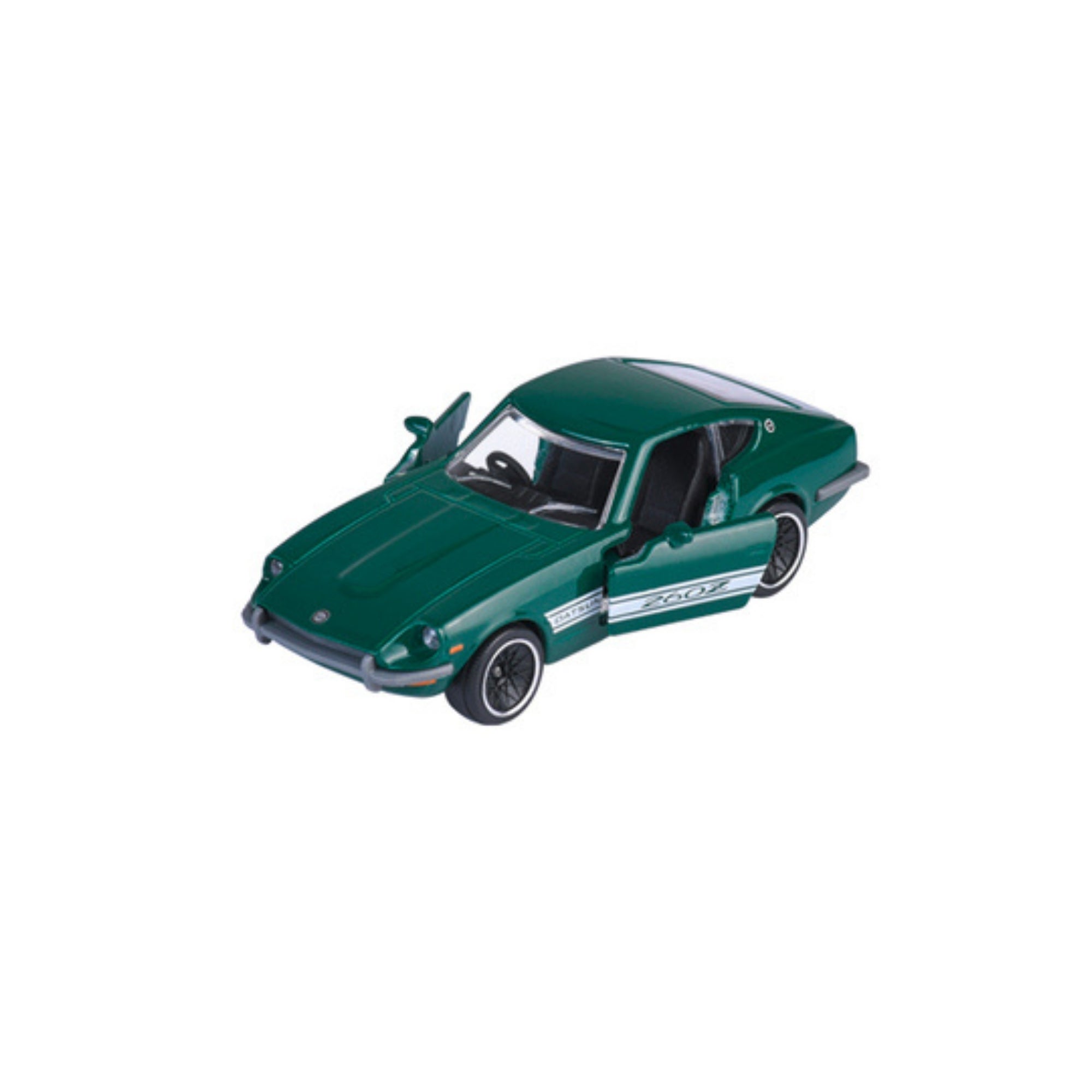 A green Majorette Vintage Premium Diecast sports car with white racing stripes, shown from the front with the driver’s door open, isolated on a white background.