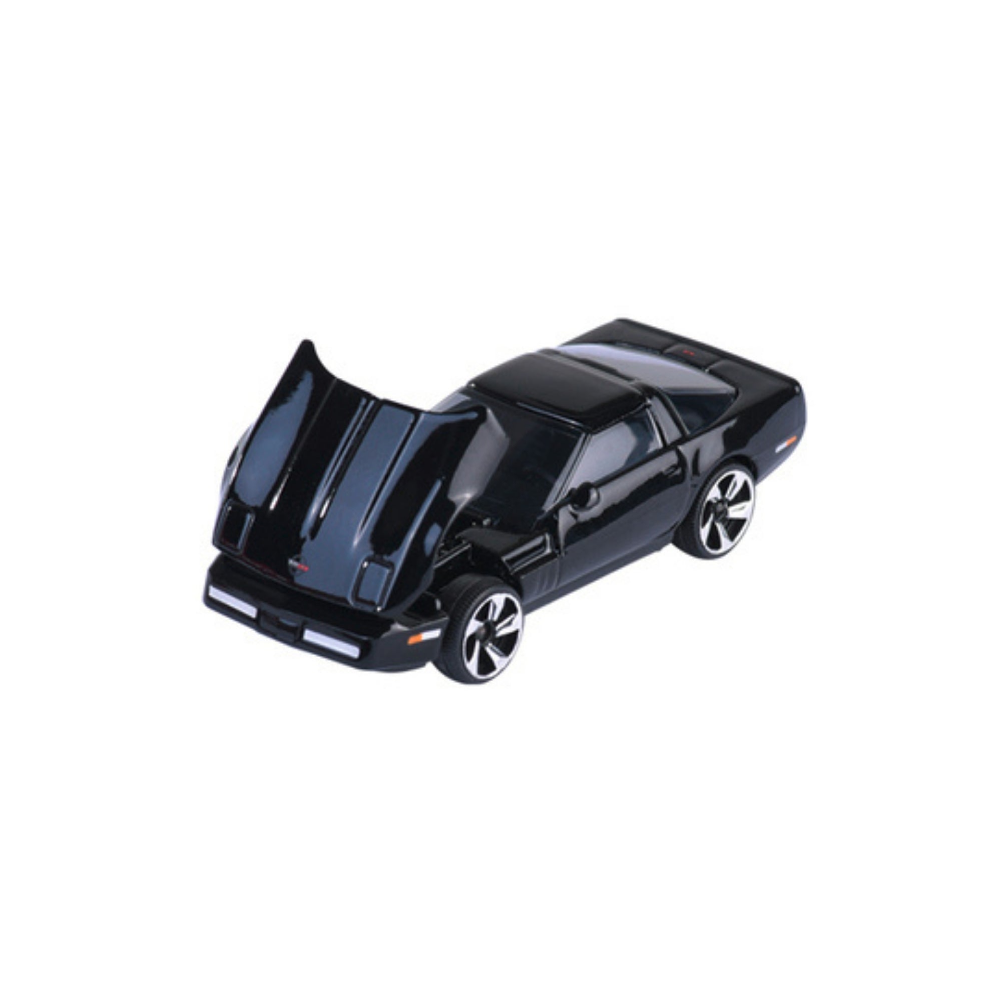 A Majorette Vintage Premium Diecast Car in black is displayed on a white background, angled to the right with its hood raised to reveal part of the engine and featuring sleek lines and chrome-accented wheels.