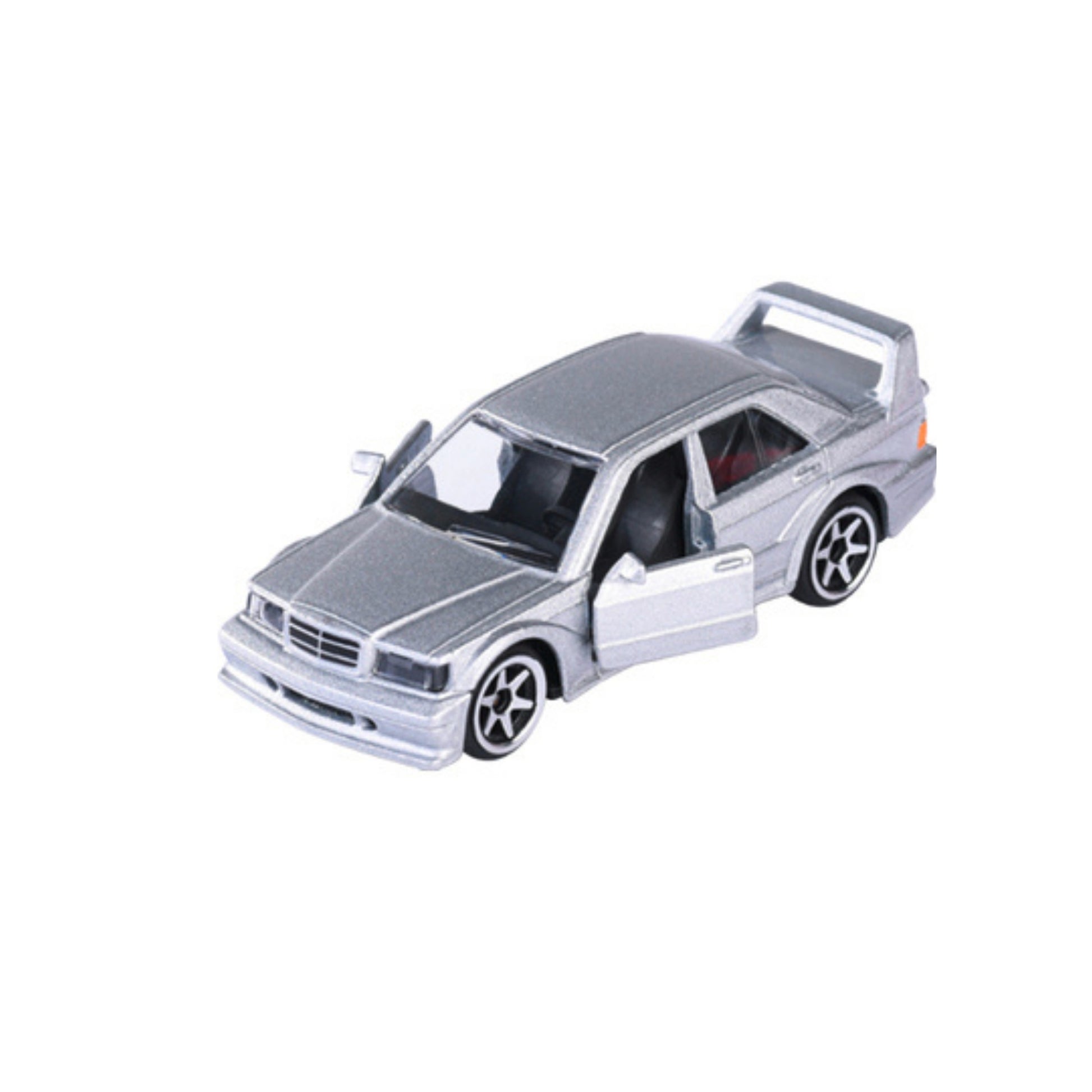 A Majorette Vintage Premium Diecast Car in small silver with black wheels and a rear spoiler is displayed with its front passenger door open on a plain white background.