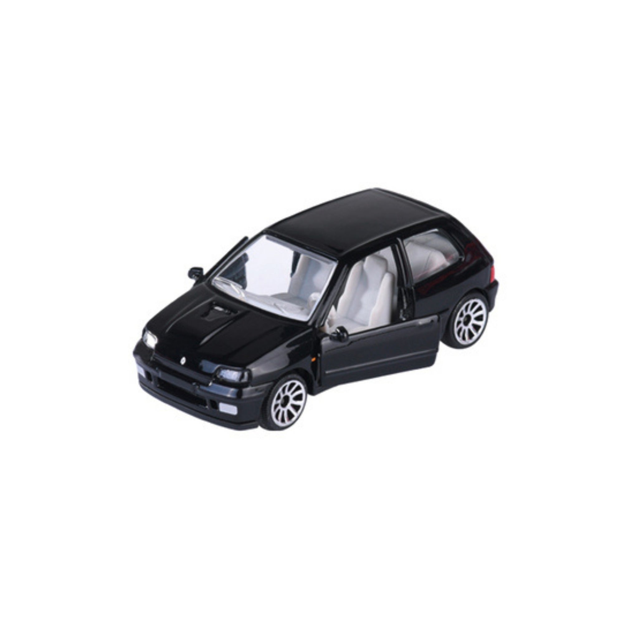 A Majorette Vintage Premium Diecast Car in black, shown from a slight angle above with open front doors, silver rims, clear windows, and detailed interior seats visible through the open doors.