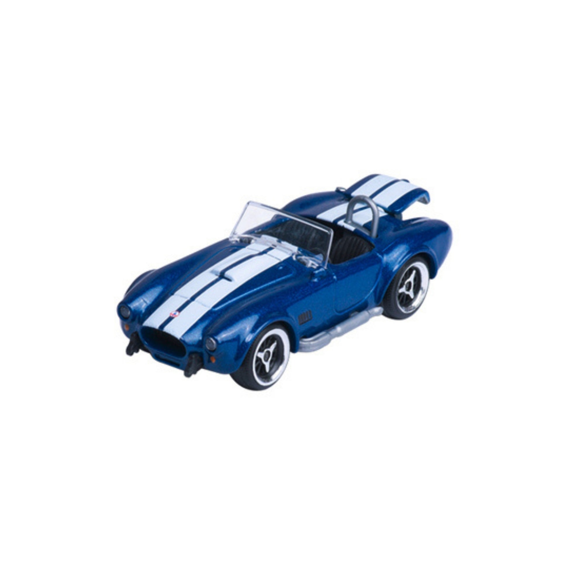 A Majorette Vintage Premium Diecast Car—a blue convertible with white racing stripes, black interior, and silver wheels—seen at an angle from above on a white background.