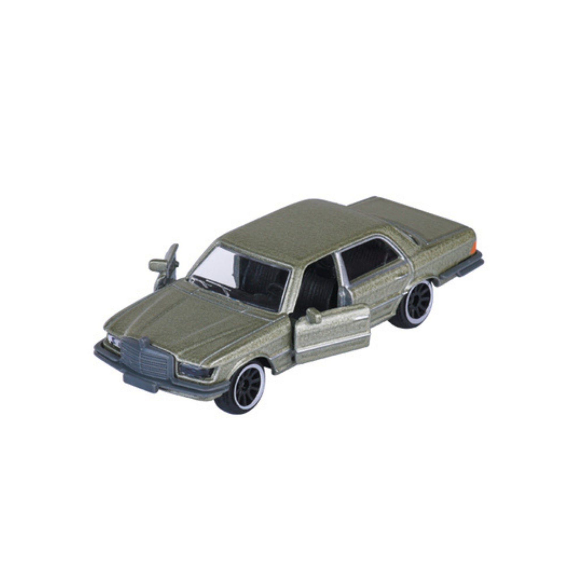 A small olive-green Majorette Vintage Premium Diecast Car with black wheels and an open front driver-side door, shown at an angle on a plain white background.
