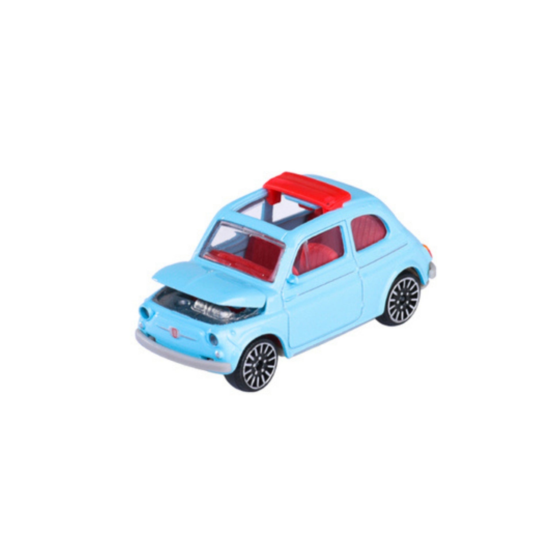A Majorette Vintage Premium Diecast Car in blue with a red interior and sunroof, displayed with its hood open, isolated on a white background.