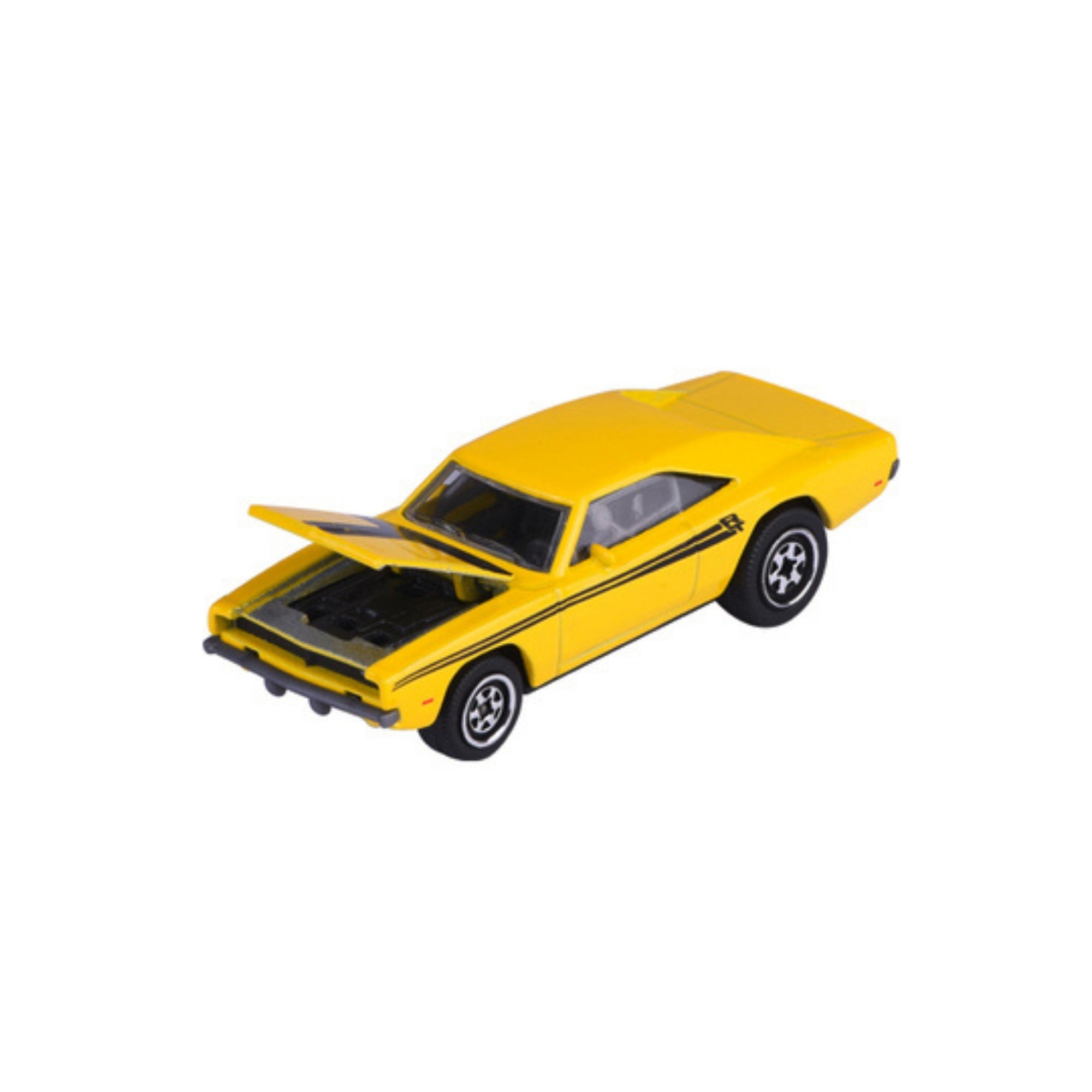 The Majorette Vintage Premium Diecast Cars features a yellow toy muscle car with black detailing, displayed on a plain white background with its front hood open to reveal the engine.