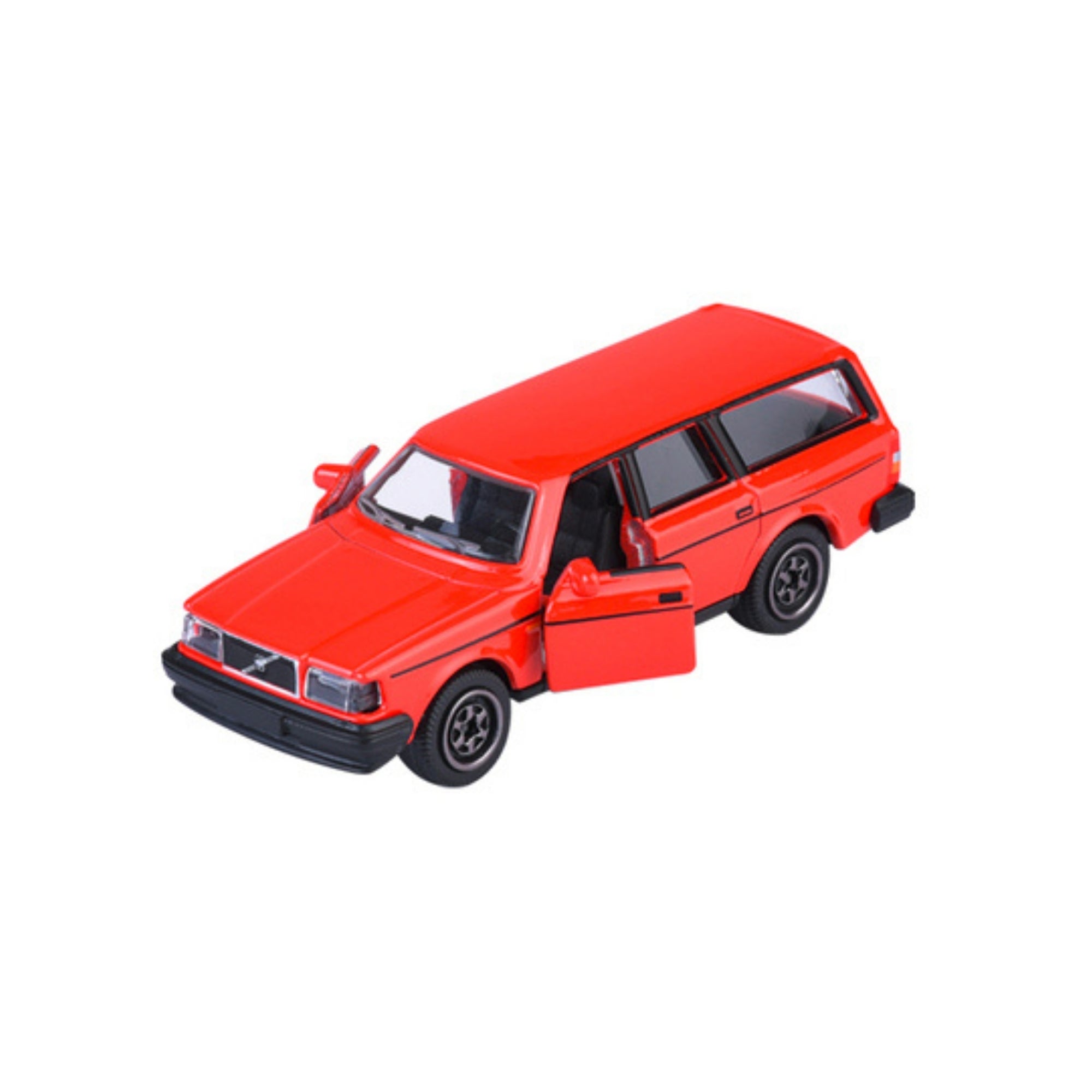 A Majorette Vintage Premium Diecast Car—a small red station wagon with black wheels—appears on a white background. The front passenger door is open, revealing the detailed interior.