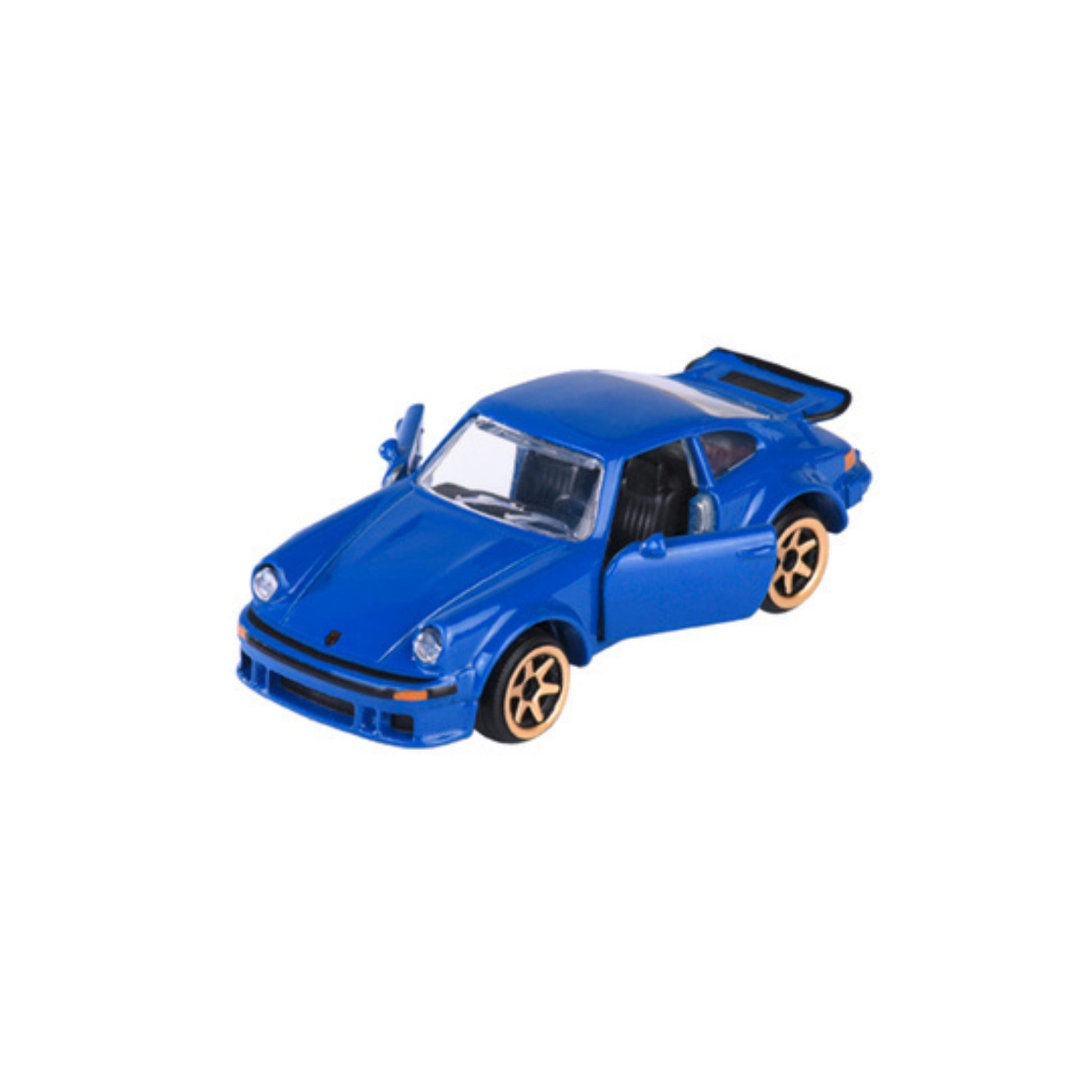 A Majorette Vintage Premium Diecast Car, small and blue with gold rims, open driver and passenger doors, and a rear spoiler, displayed on a white background.