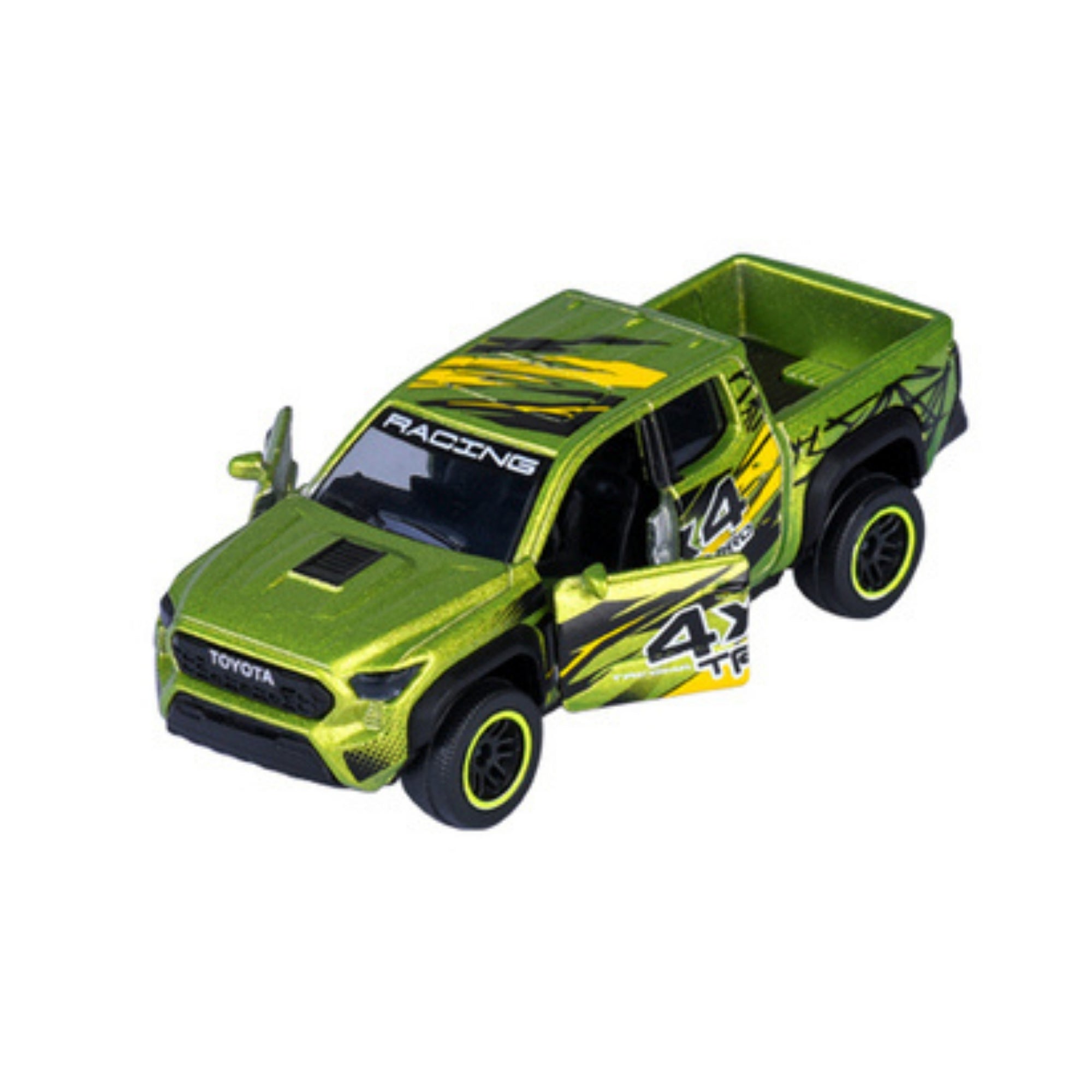 A Majorette Racing Premium Diecast Car: small green pickup truck with #44, black and yellow racing decals, black wheels with green rims, open driver’s door, and "RACING" on the windshield.