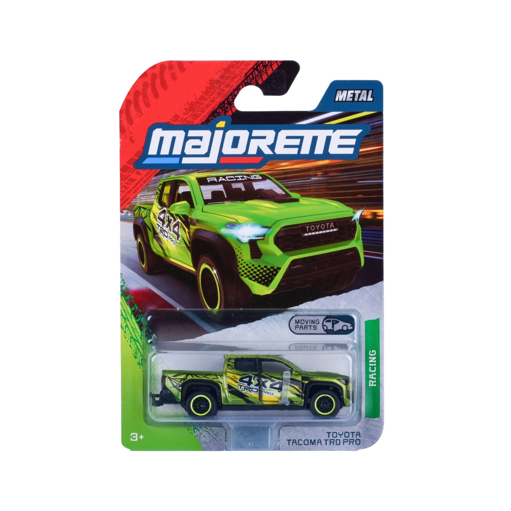 The Majorette Racing Premium Diecast Cars packaging features a green Toyota Tacoma Pro with racing decals, bold colors, dynamic racing graphics, and text indicating “Racing” and “Moving Parts.”.