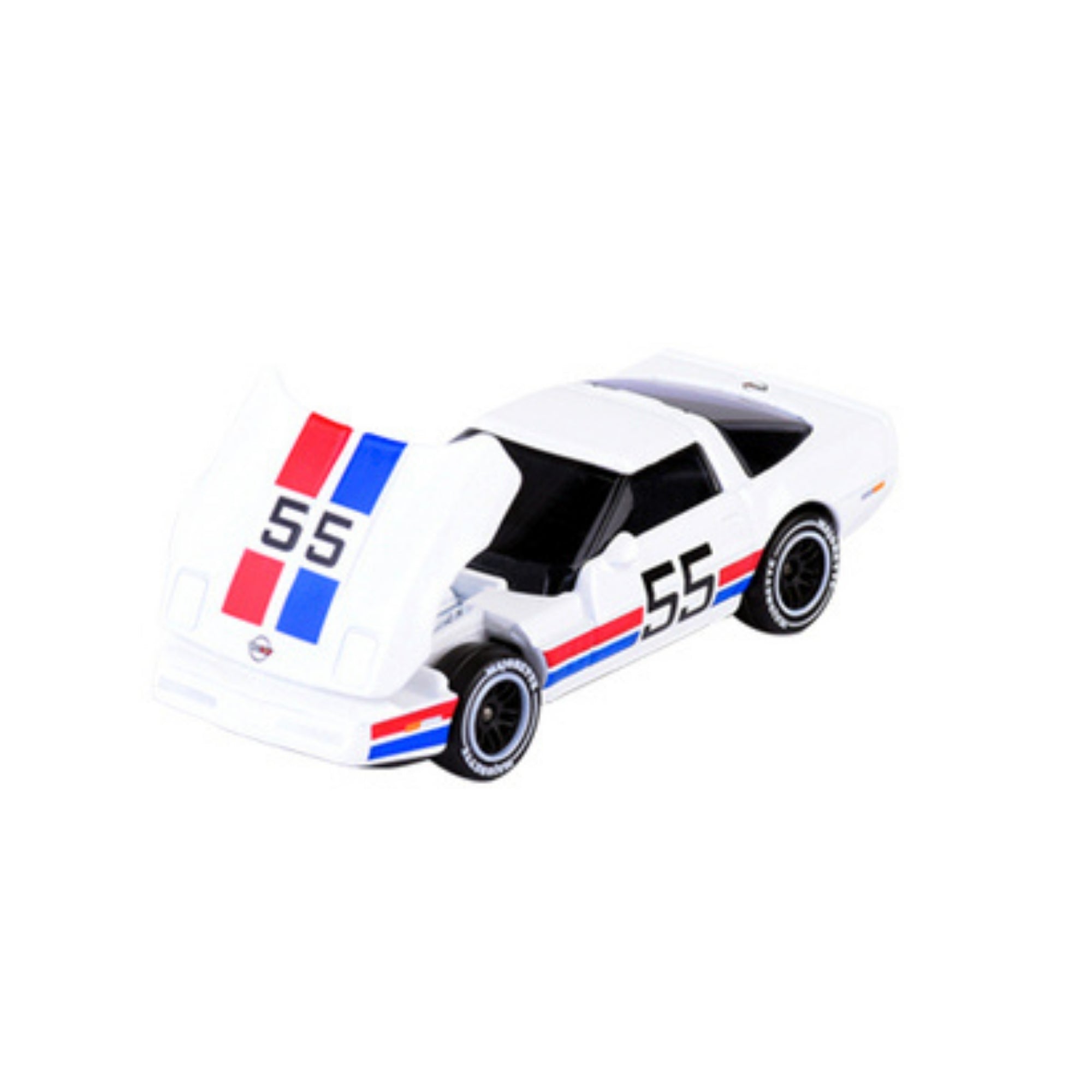The Majorette Racing Premium Diecast Car is a white toy sports car with blue and red racing stripes, number 55 on the hood and doors, black wheels, an open hood, and is photographed on a white background.