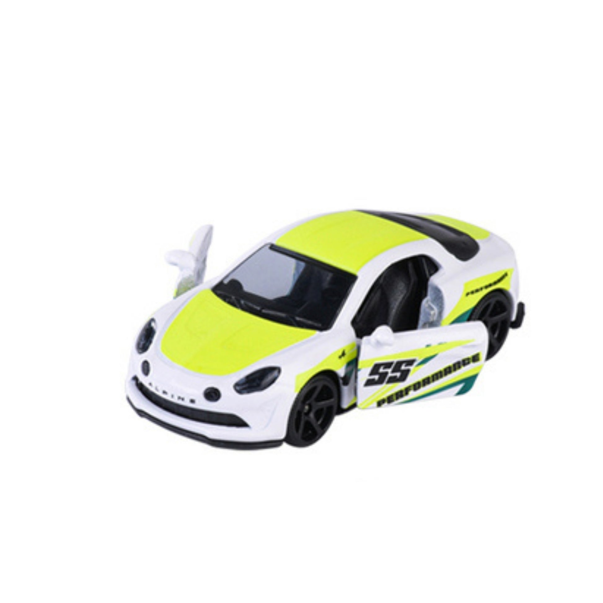 A Majorette Racing Premium Diecast Car in white with black wheels, neon yellow accents, and "55 PERFORMANCE" on the side. The car's doors are open and it's shown against a white background.