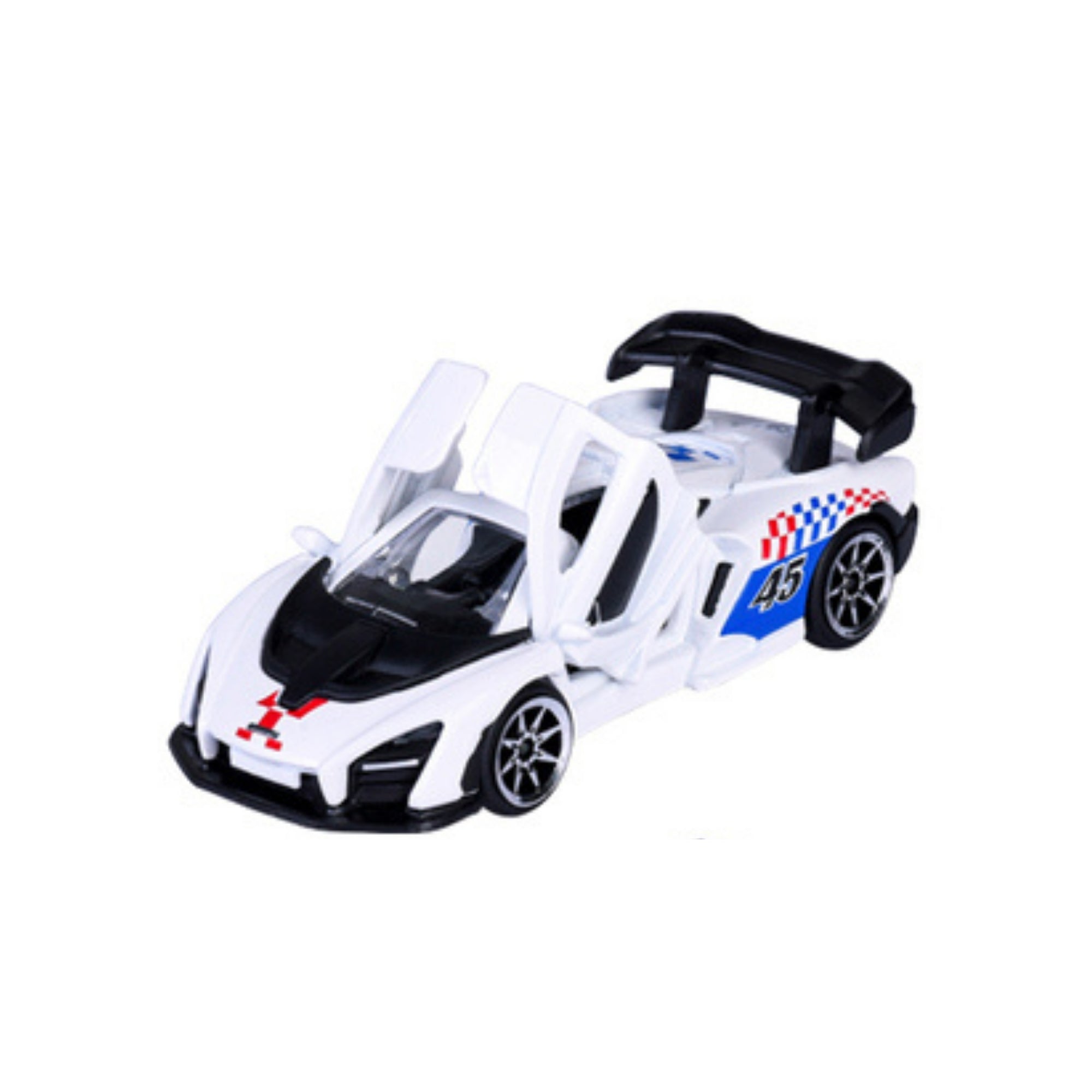The Majorette Racing Premium Diecast Car features a white sports design with racing decals, number 45 on the side, black accents, upward-opening doors, a large rear spoiler, and red, blue, and black detailing.
