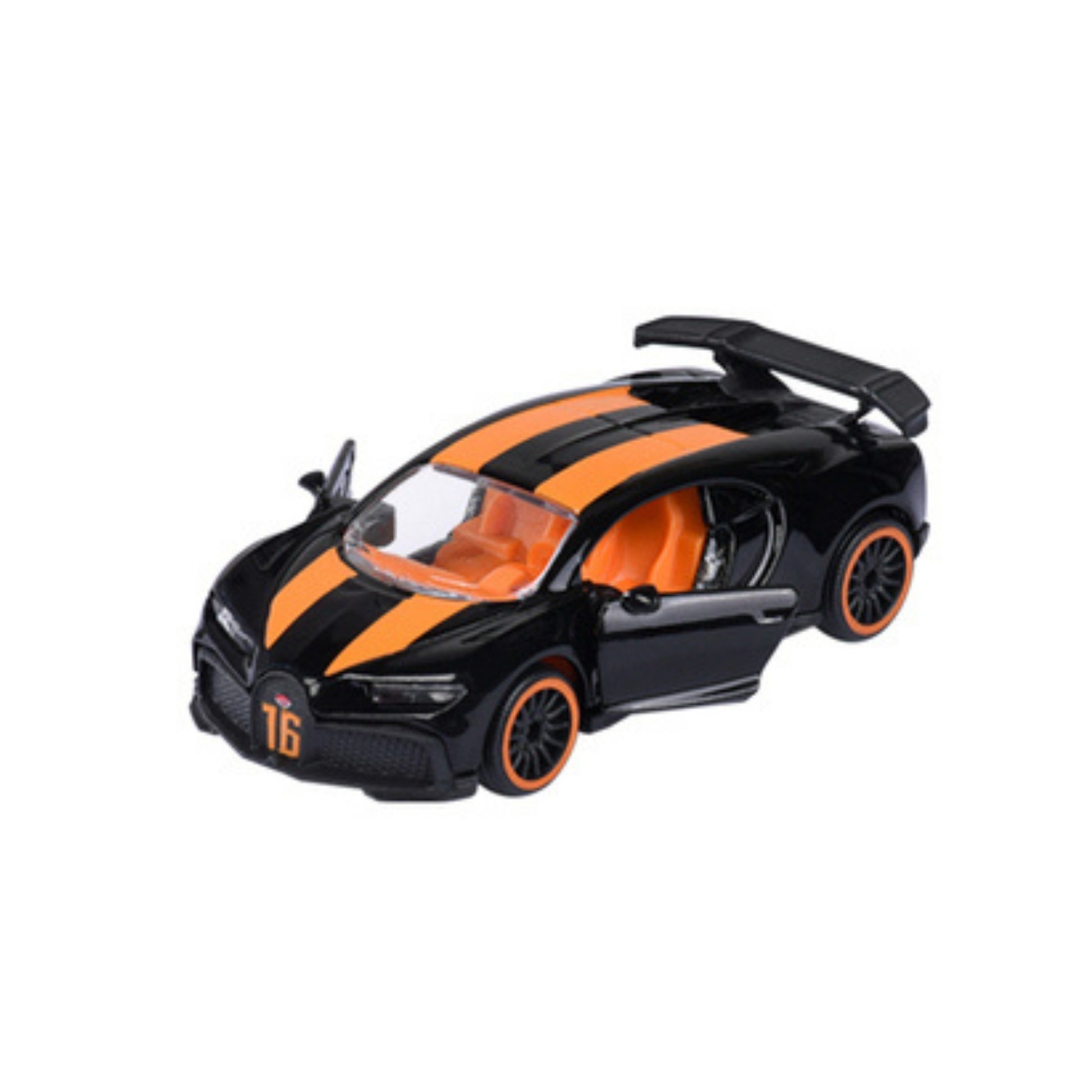 A Majorette Racing Premium Diecast Car in black with orange racing stripes, orange and black interior, orange-trimmed wheels, open driver-side door, and the number 16 on the front grill.