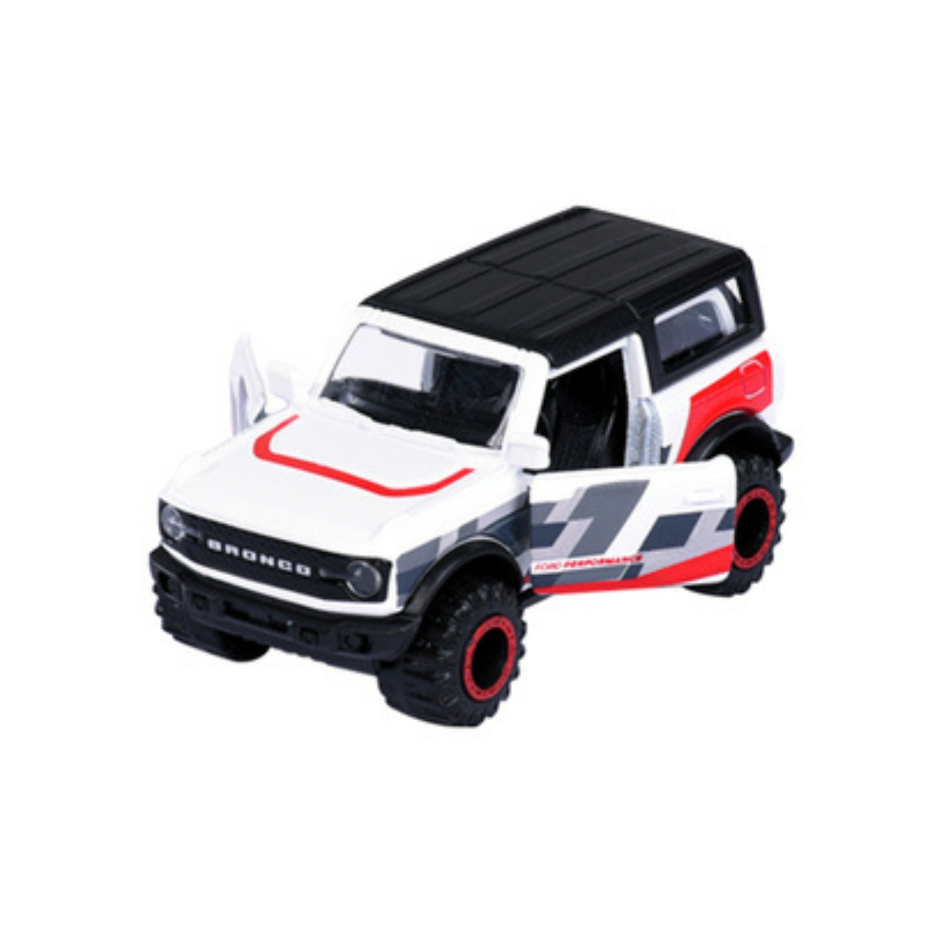 A Majorette Racing Premium Diecast Car, a white and black SUV with red accents, black wheels, and open front doors, is shown against a plain white background.