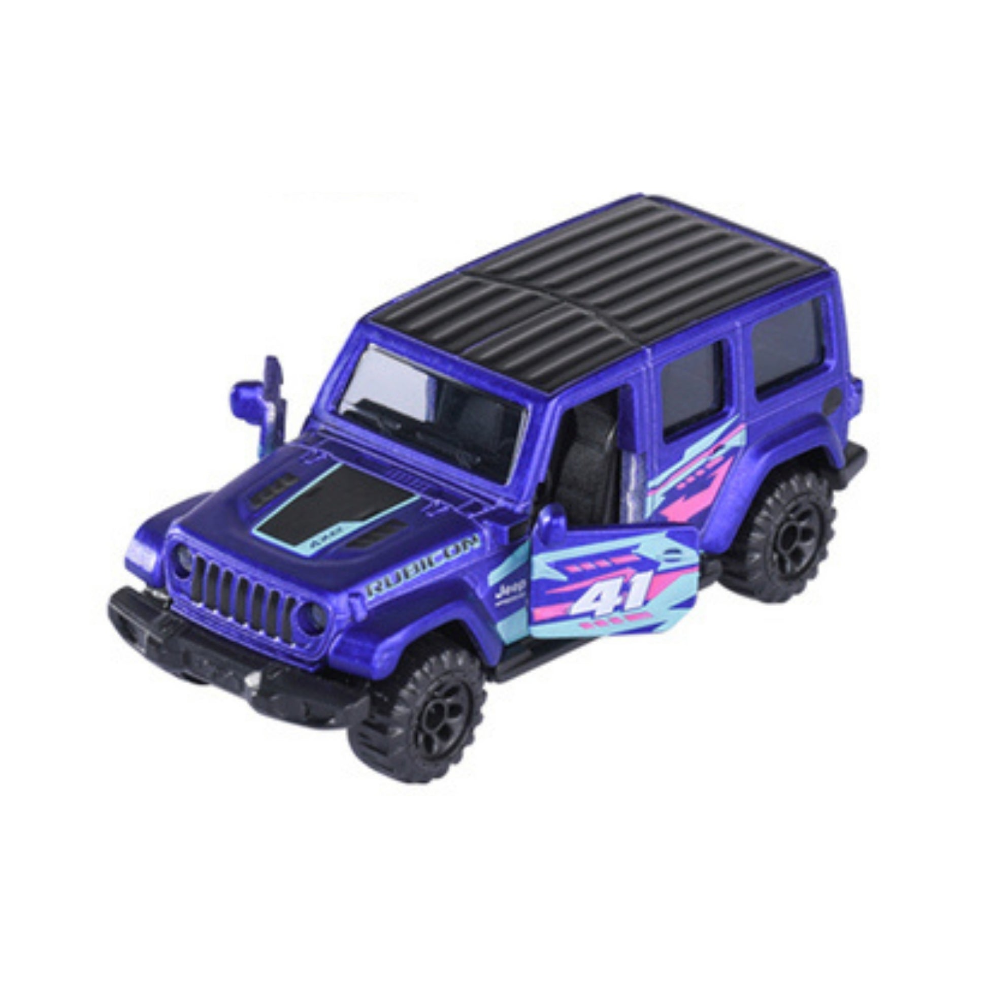 The Majorette Racing Premium Diecast Car is a small purple Jeep with black wheels, a black roof, colorful racing decals including number 41 on the side, and an open driver’s side door.