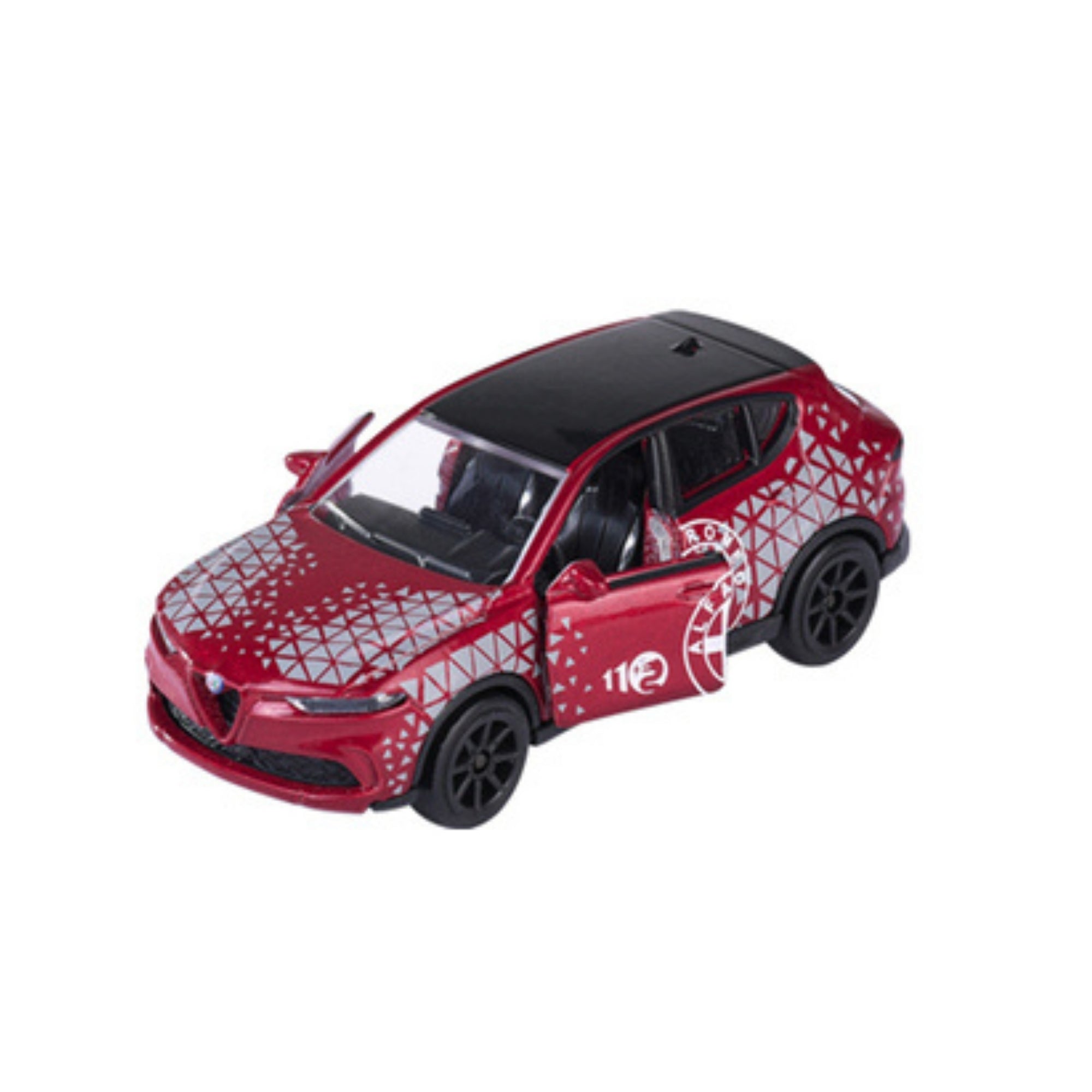 The Majorette Racing Premium Diecast Car is a small red toy with geometric white patterns, a black roof, open doors, number 112 and logo on the side. It’s photographed on a white background.
