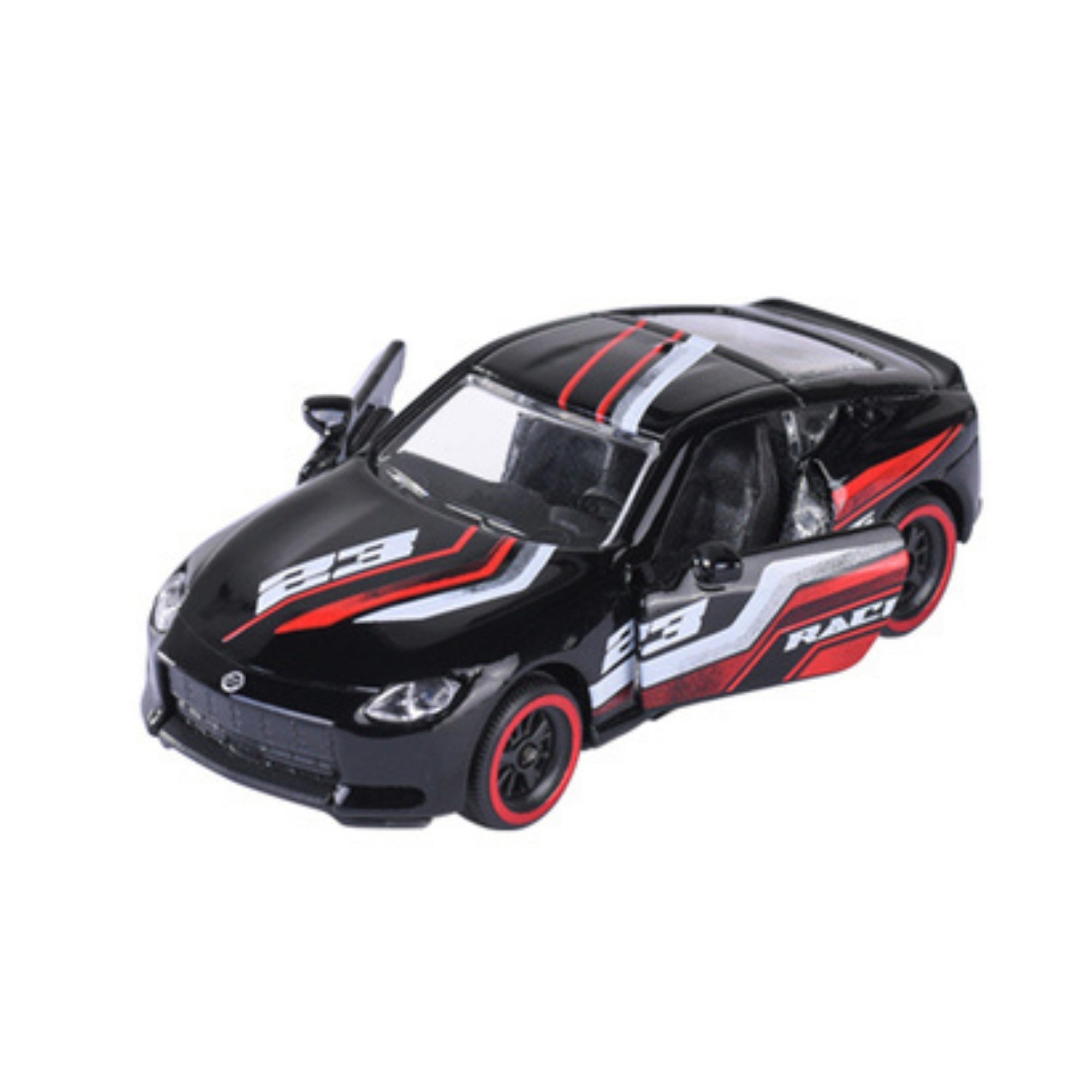 The Majorette Racing Premium Diecast Car features a black body with red and white stripes, number 23 on the hood and sides, red-trimmed wheels, and an open driver-side door.
