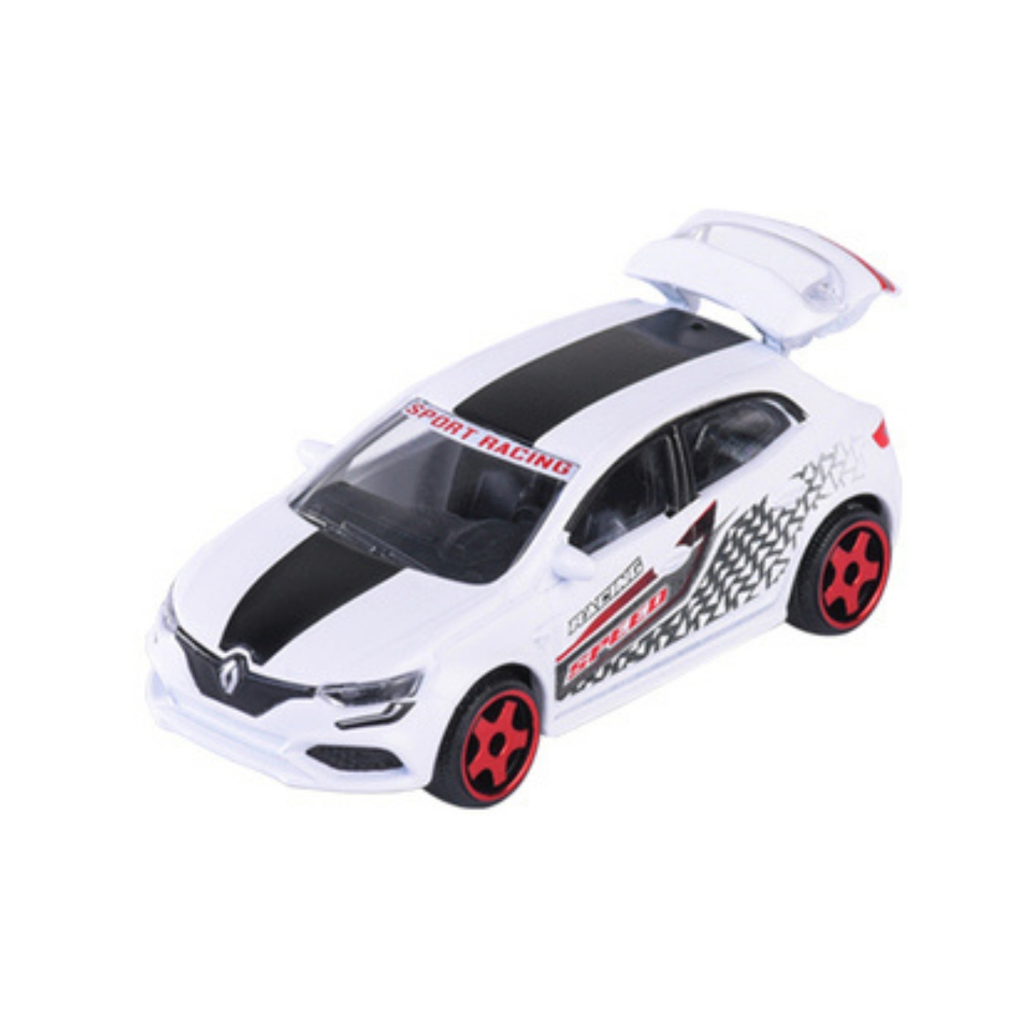 The Majorette Racing Premium Diecast Car is a white toy sports car with red-rimmed wheels, black racing stripes, Sport Racing decals, and an open rear hatch.