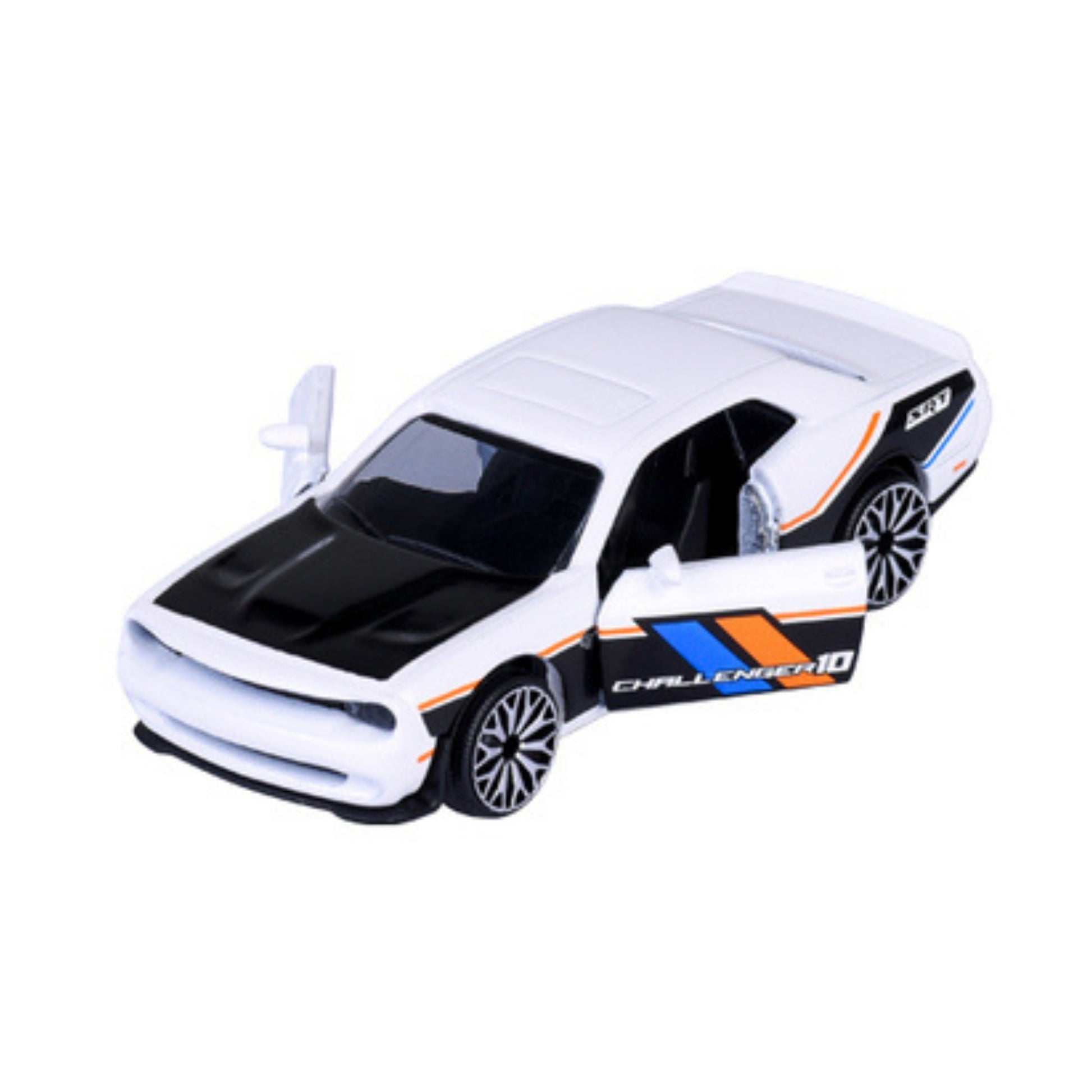 The Majorette Racing Premium Diecast Car is a white toy sports car with black accents, open front doors, colorful side stripes, and features the word "CHALLENGER" and number 10 on its side.