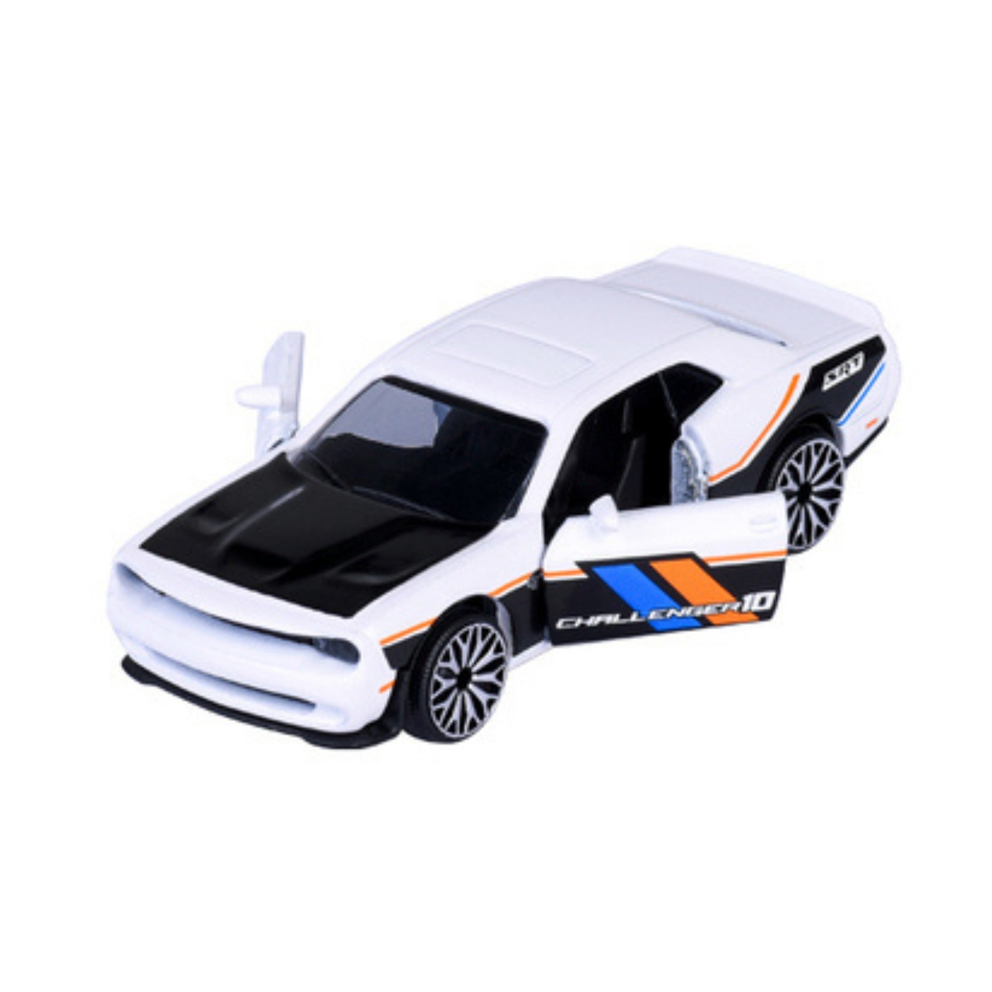 The Majorette Racing Premium Diecast Car is a white toy sports car with black accents, open front doors, colorful side stripes, and features the word "CHALLENGER" and number 10 on its side.