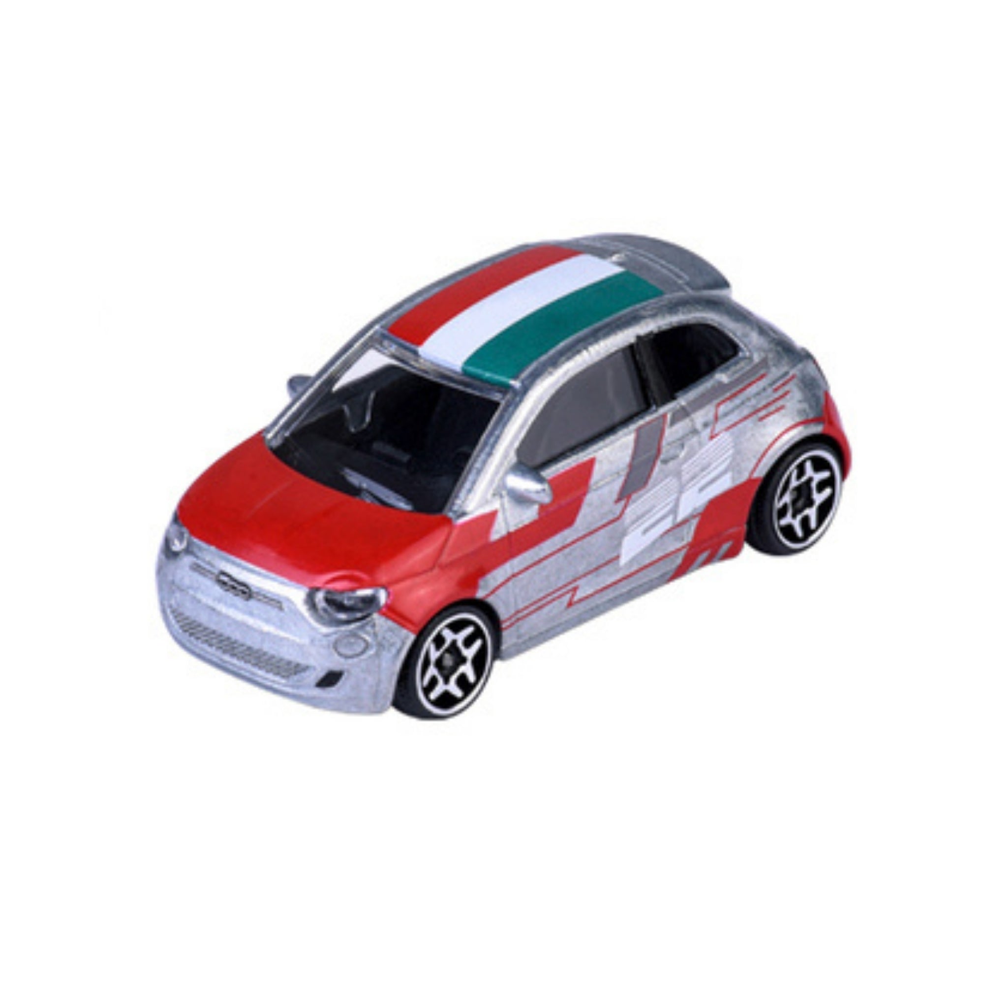 The Majorette Racing Premium Diecast Car is a small toy car with a red front, silver sides, Italian flag stripes on the roof, black wheels, and stylish side detailing.