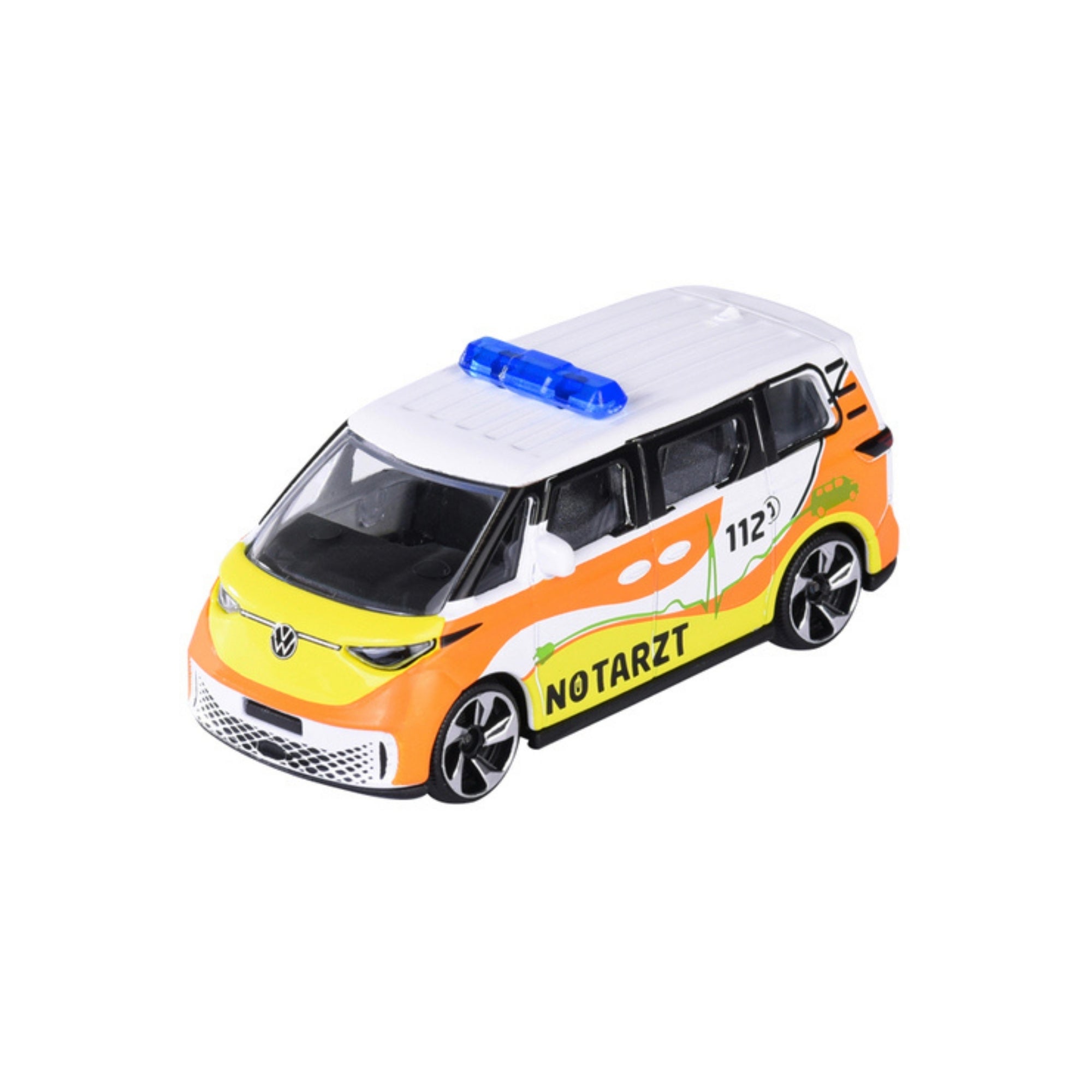 The Majorette Rescue World Premium Diecast Car is a toy emergency Volkswagen van, painted white with orange and yellow accents, featuring NOTARZT and 112 on the side, plus a blue emergency light on the roof.