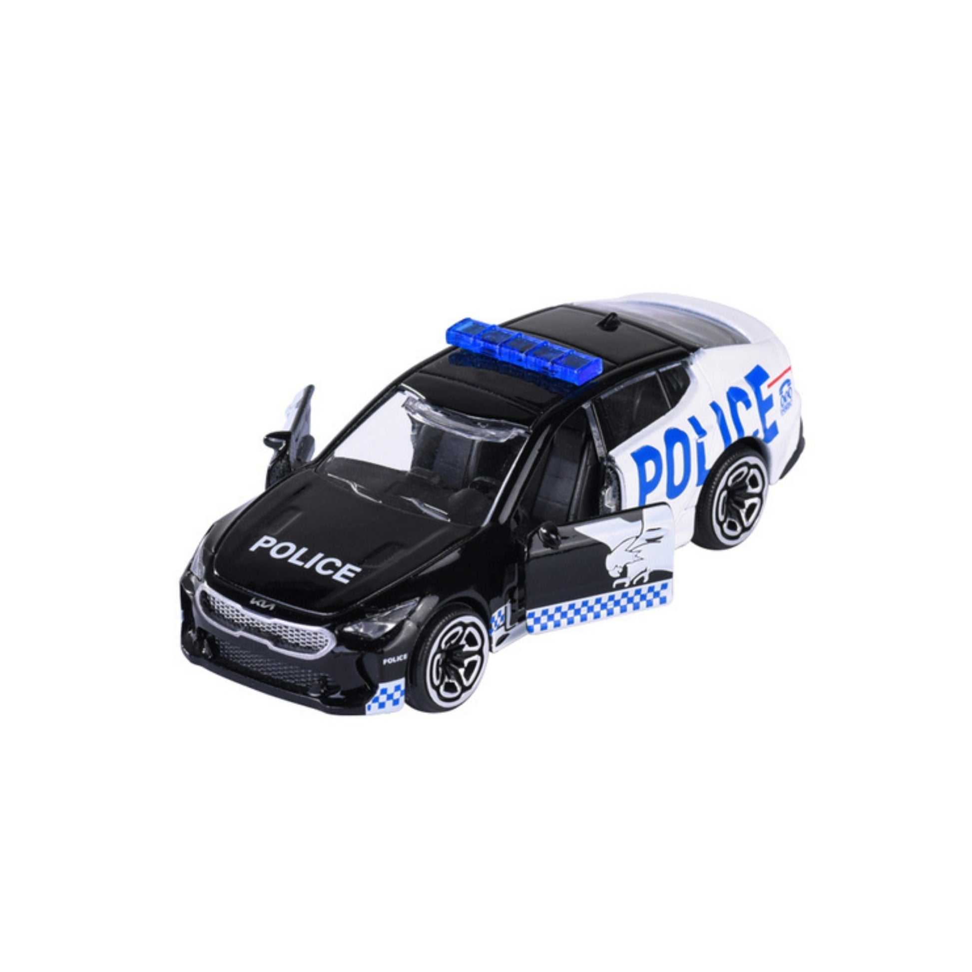 The Majorette Rescue World Premium Diecast Car is a toy police vehicle with black and white coloring, blue roof lights, “POLICE” on the side, openable front doors, and blue checkered lower-side details.