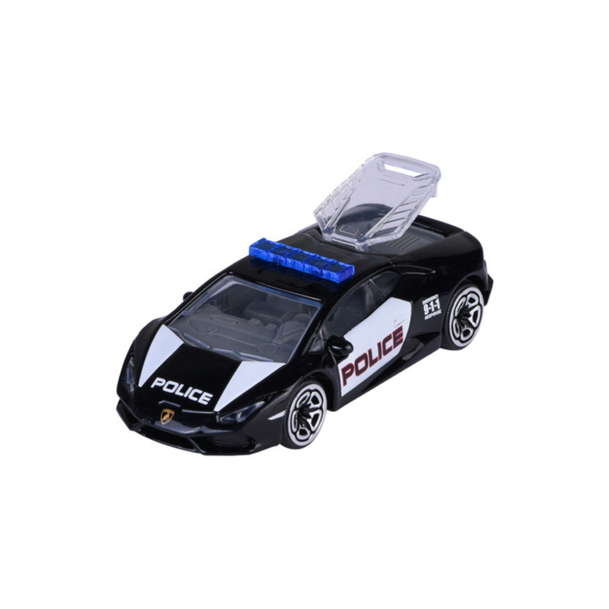 A Majorette Rescue World Premium Diecast Car: a black and white toy police car with blue roof lights, "POLICE" on the side, and a partially open roof showing the interior.
