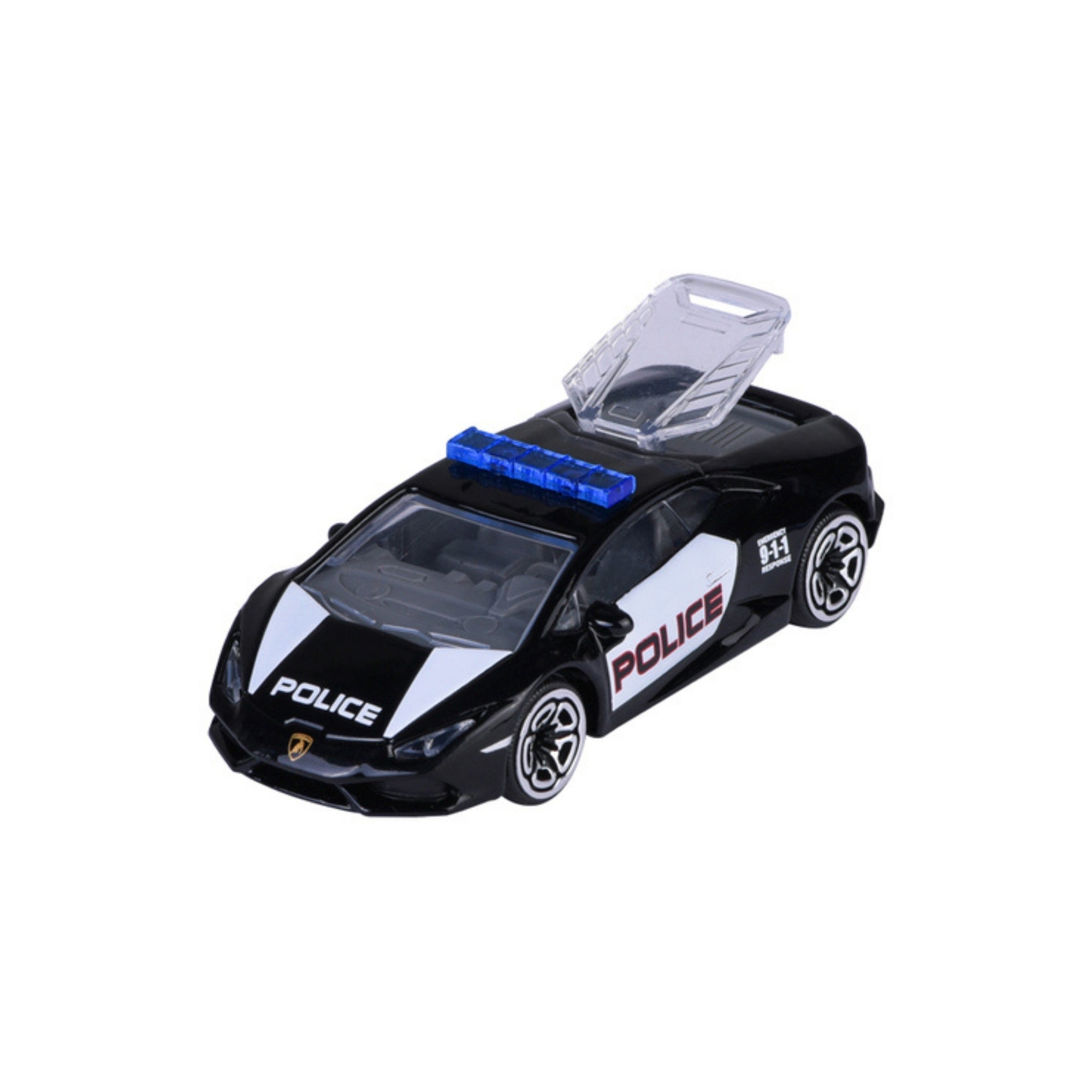 A Majorette Rescue World Premium Diecast Car: a black and white toy police car with blue roof lights, "POLICE" on the side, and a partially open roof showing the interior.