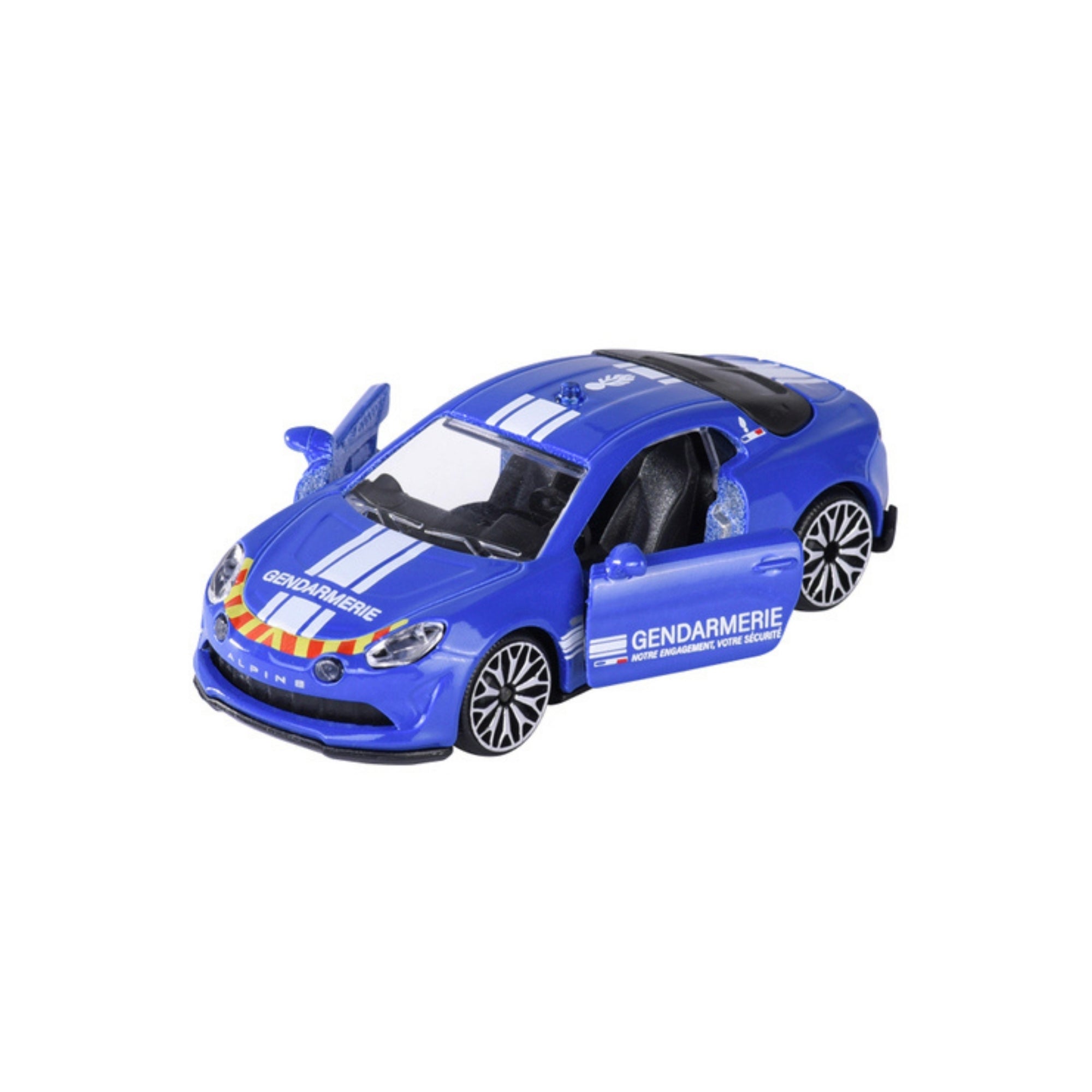 The Majorette Rescue World Premium Diecast Car is a blue toy police vehicle with Gendarmerie on the side, two open front doors, black wheels, and red, white, and yellow stripes on the hood.