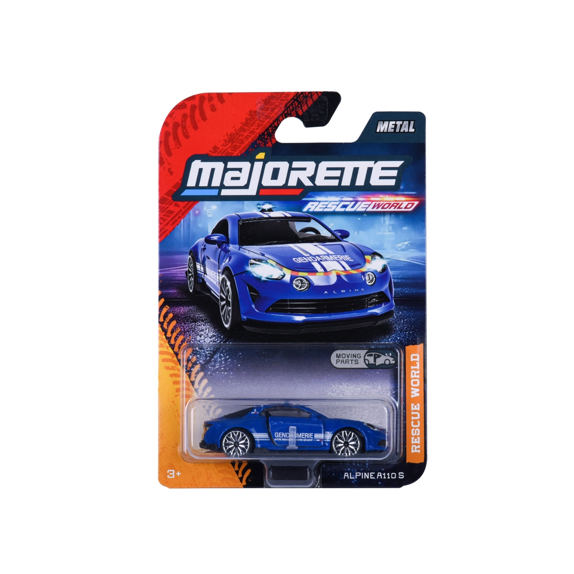 A Majorette Rescue World Premium Diecast Cars Alpine A110 S toy in blue packaging shows the car image, is labeled for ages 3+, and highlights “moving parts” and “metal.”.