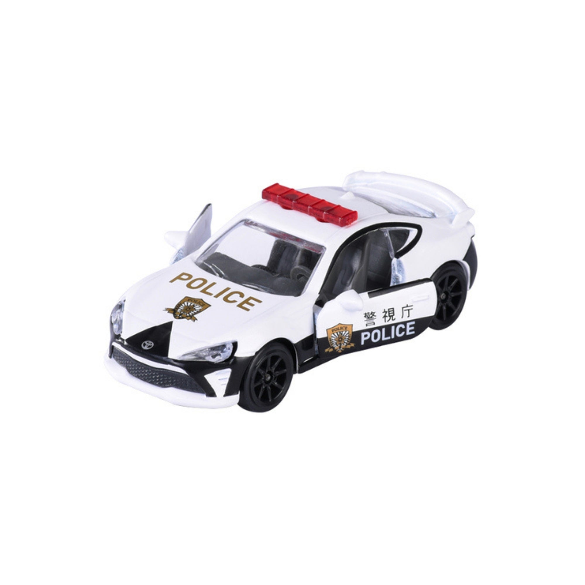 The Majorette Rescue World Premium Diecast Car is a white police car with black accents, red roof lights, black wheels, "POLICE," a badge, and Japanese characters on the sides. The driver’s door is open.