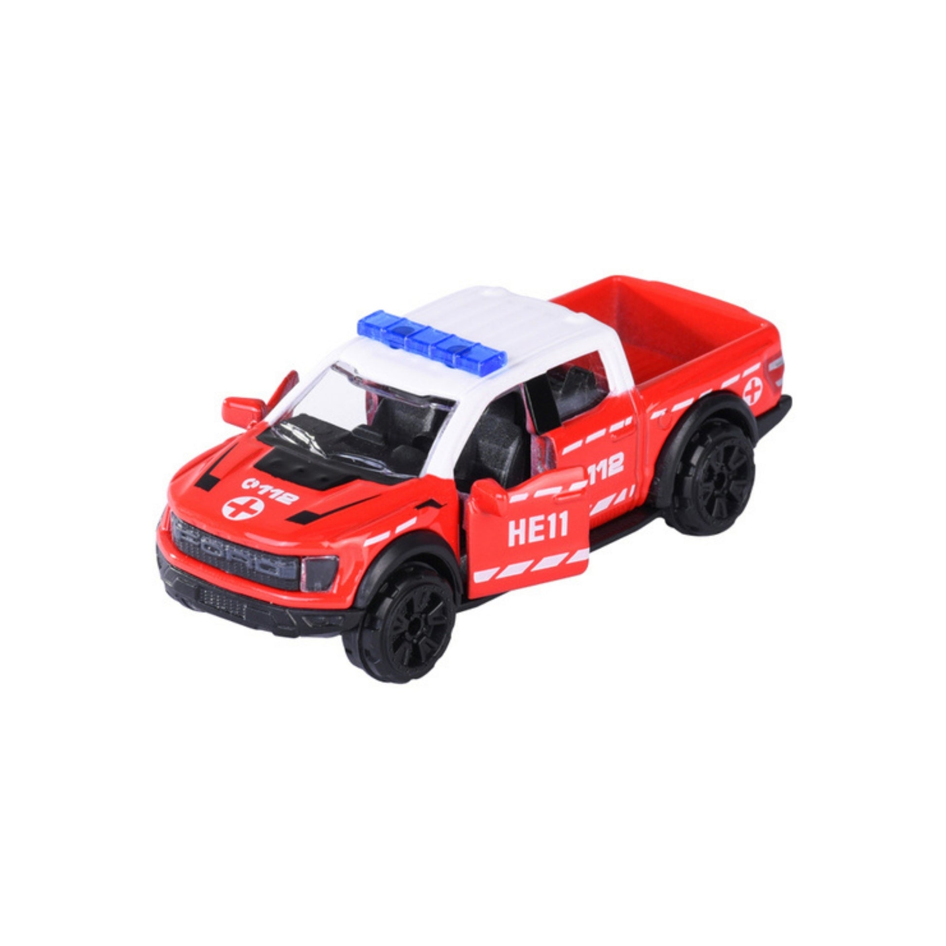 A Majorette Rescue World Premium Diecast Car, this red toy emergency pickup has white detailing, a blue roof light bar, white crosses and "HE11" on the side. One door is open, shown against a white background.