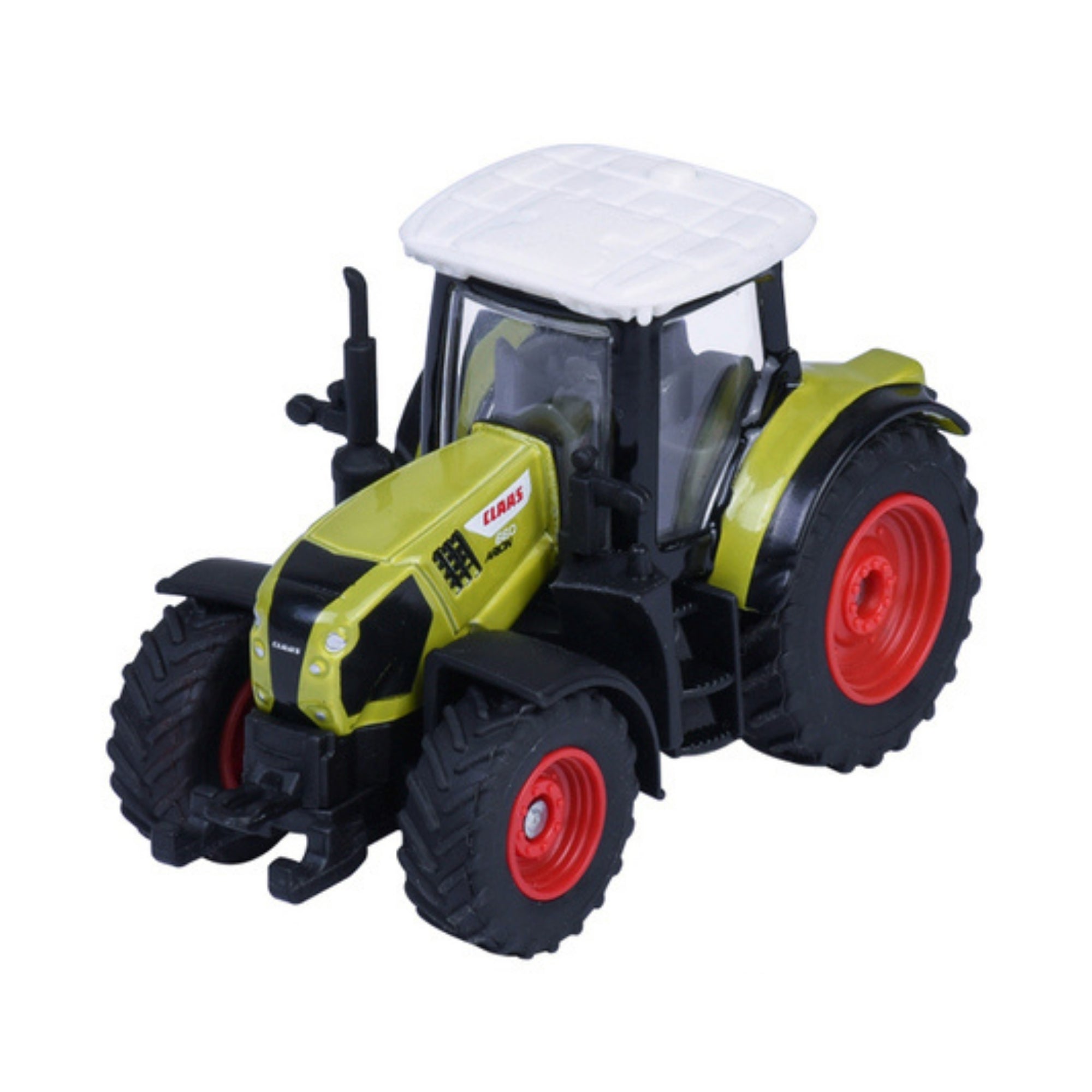 A Majorette Farm Premium Diecast Vehicle: a green and black tractor with a white roof and red wheels, shown at an angle against a plain white background.