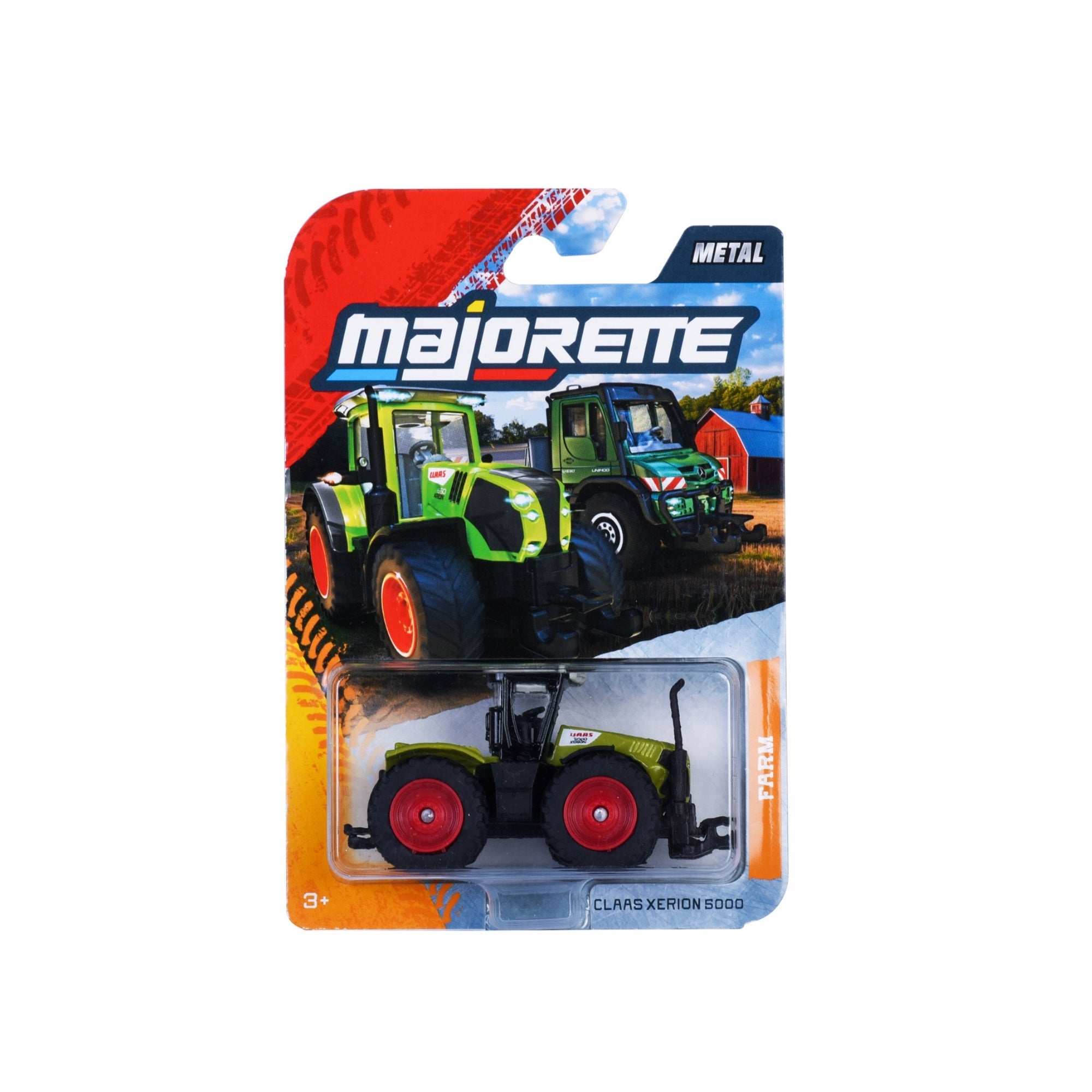 Majorette Farm Premium Diecast Vehicles: Claas Xerion 5000 toy tractor in packaging, featuring green tractors with red wheels on a farm. Tractor visible through clear plastic. Suitable for ages 3+.