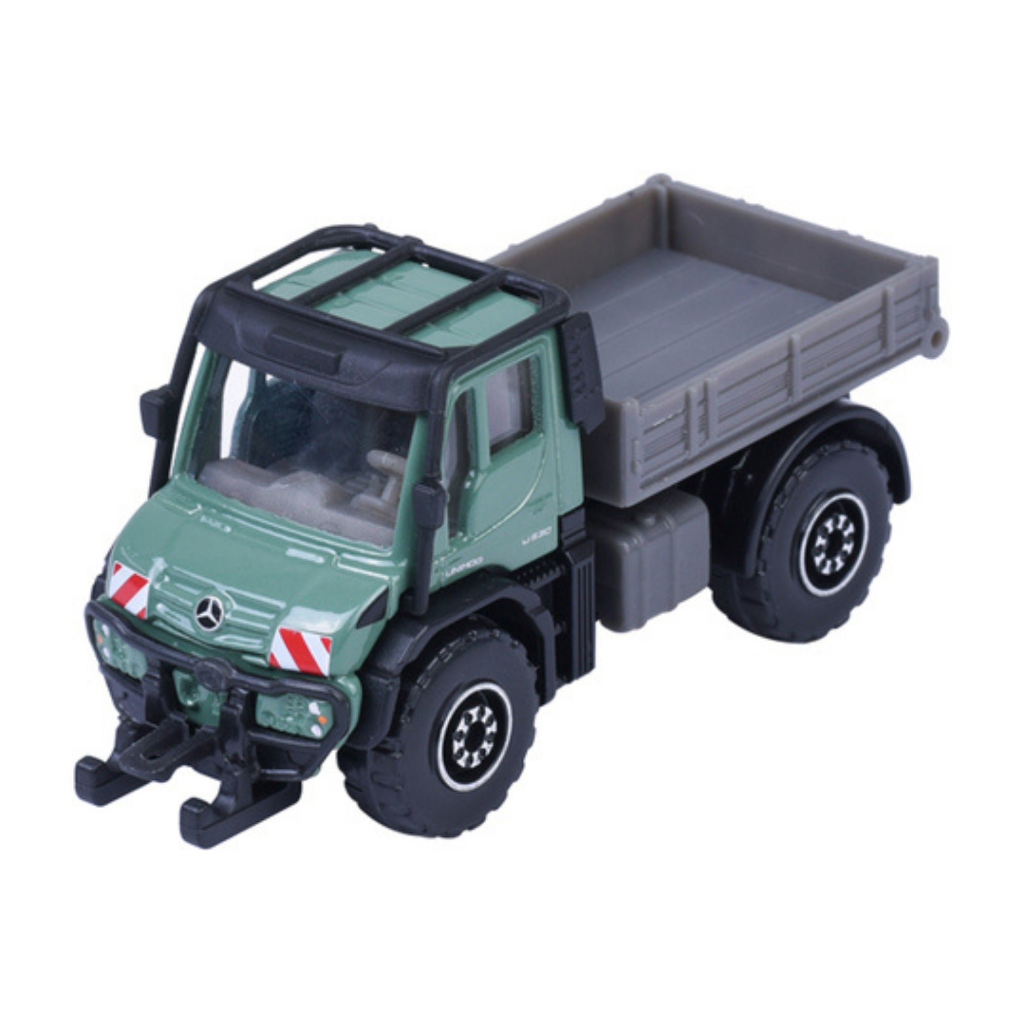 A Majorette Farm Premium Diecast Vehicle: a small green and gray toy truck with black wheels, flatbed cargo area, Mercedes-Benz logo on the grille, and red and white stripes on the front bumper.