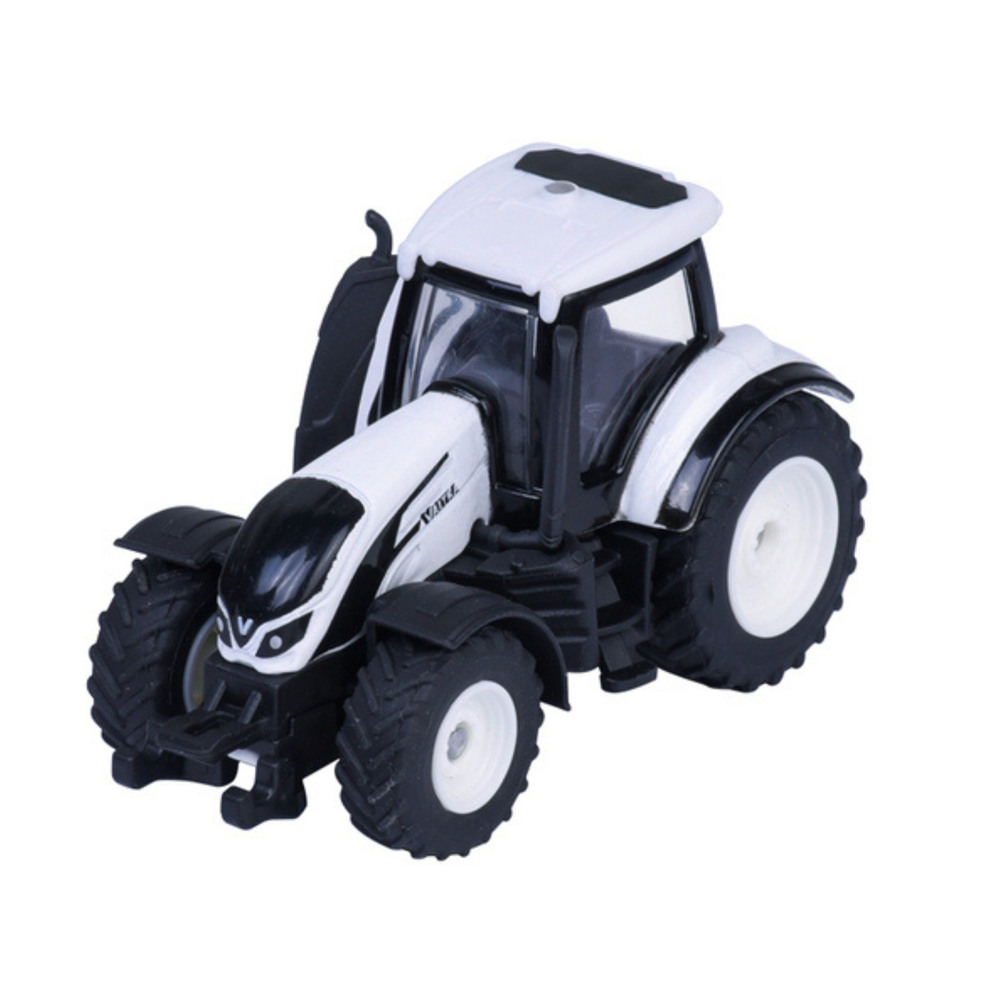The Majorette Farm Premium Diecast Vehicle is a black and white toy tractor with large rear wheels and smaller front wheels, displayed on a plain white background.