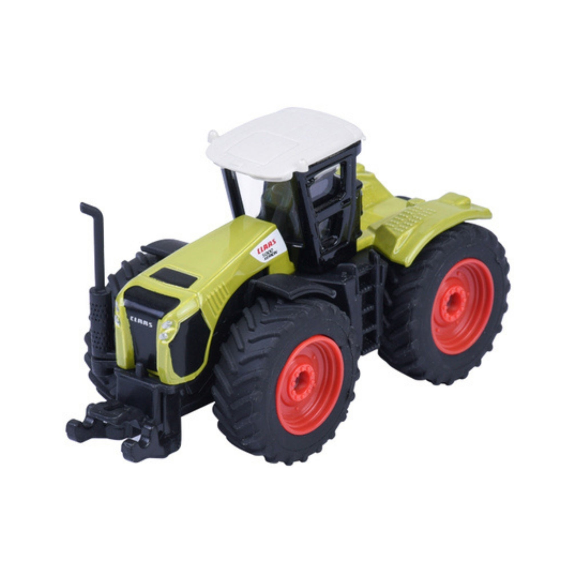 The Majorette Farm Premium Diecast Vehicle, a toy tractor with a green body, white roof, black details, and large red wheels, is shown from a front side angle on a white background.