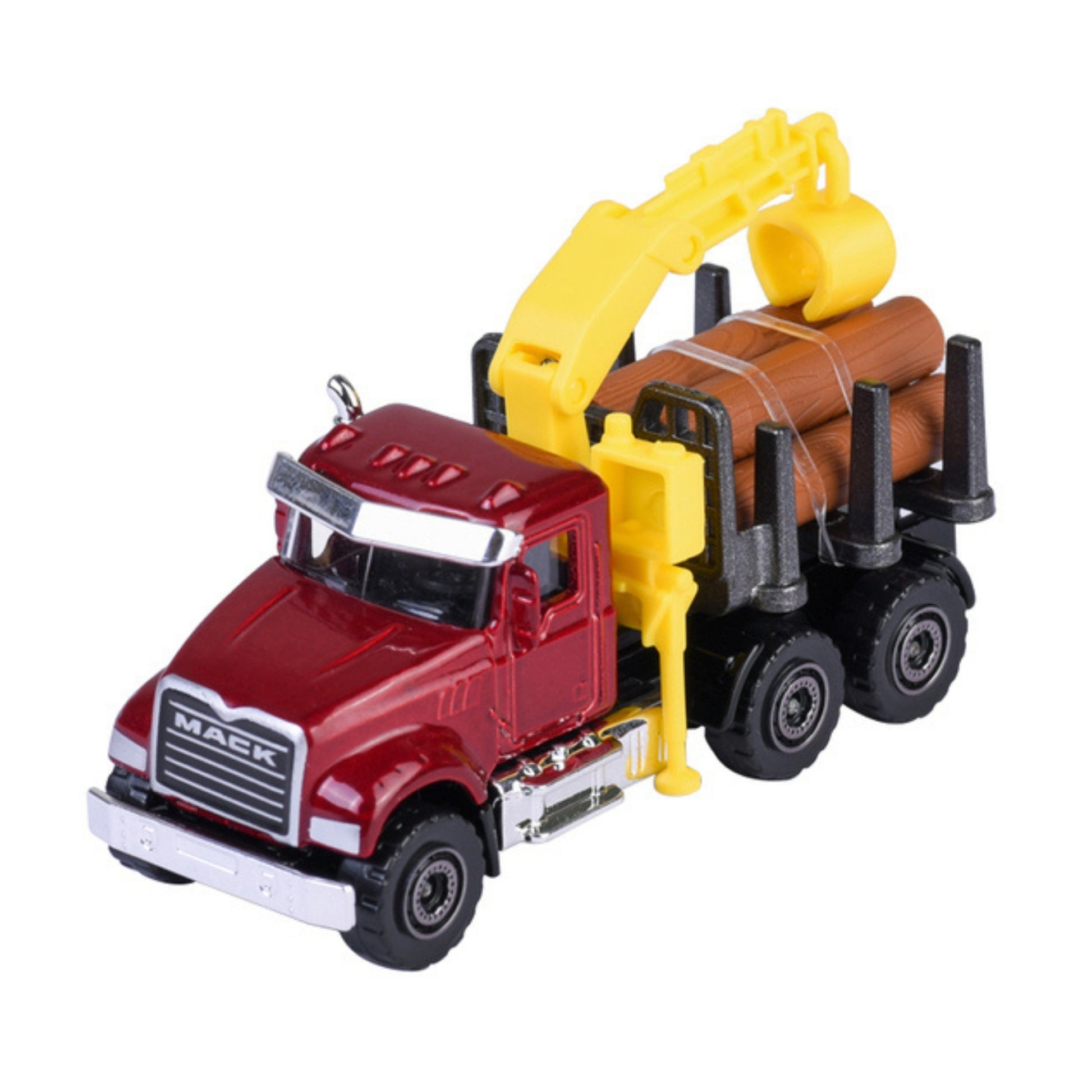 A Majorette Farm Premium Diecast Vehicle: a red toy logging truck with a yellow crane arm, brown toy logs on its back, and "MACK" on the front.
