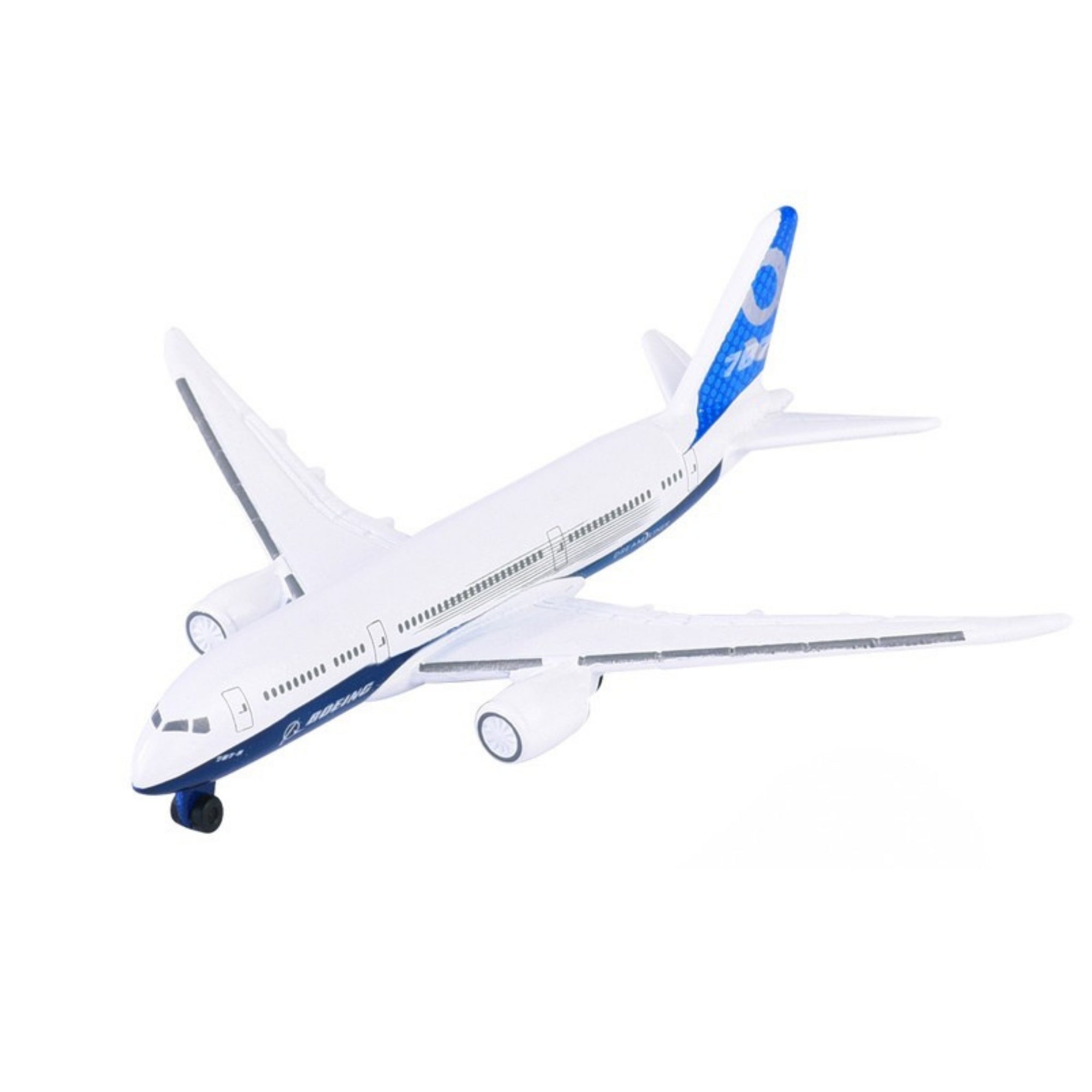 A Majorette Diecast Airplane, white with blue accents, features two engines, extended landing gear, a blue tail with white markings, and the number 787. Shown against a plain white background.
