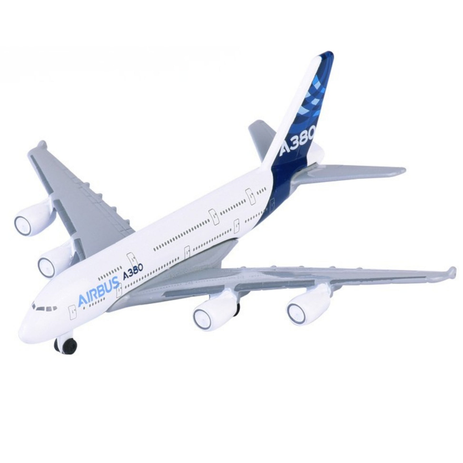 A Majorette Diecast Airplanes model of a white and blue Airbus A380 with four engines and Airbus branding on the fuselage, displayed against a plain white background.