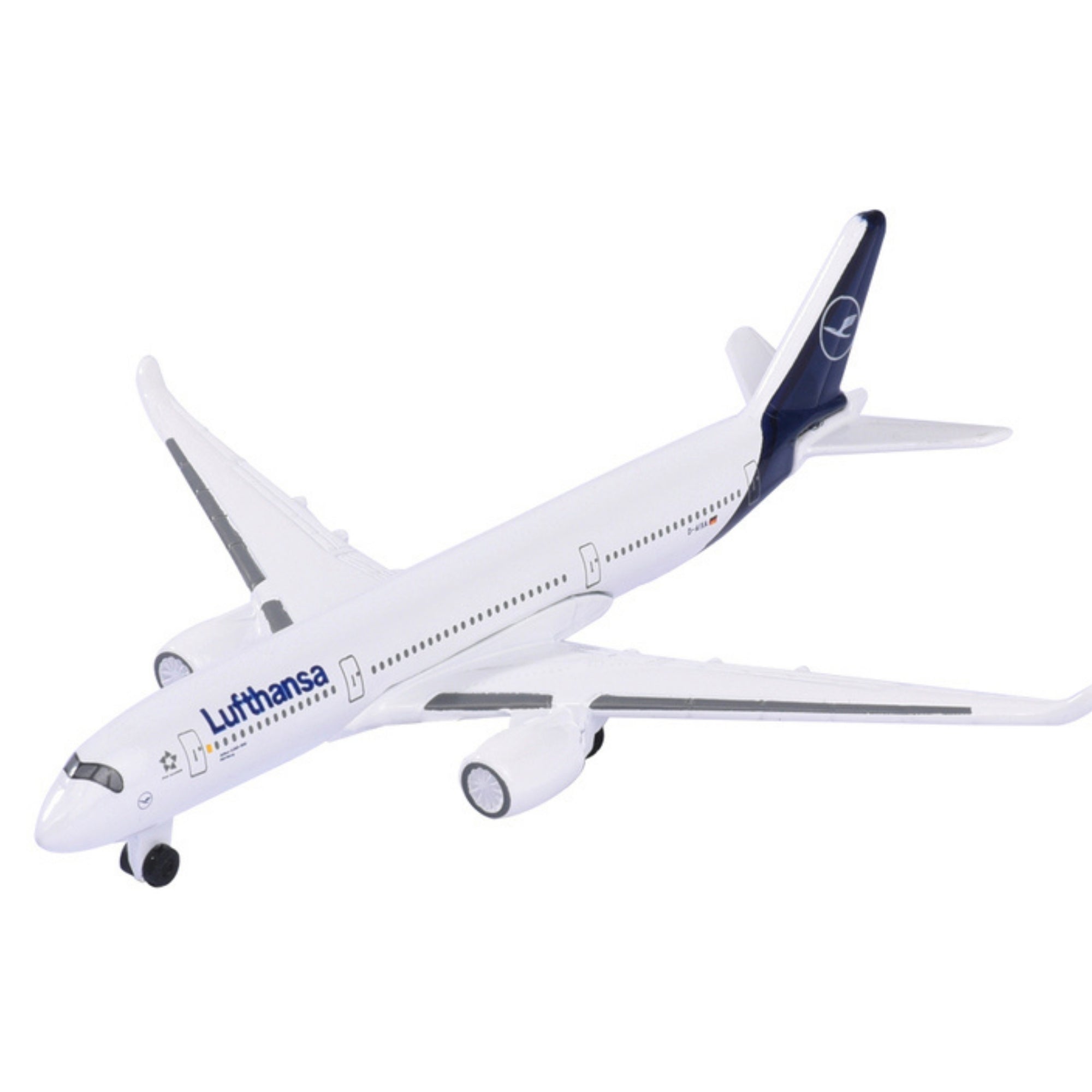 A Majorette Diecast Airplane featuring Lufthansa livery with a white body, dark blue tail fin, and extended landing gear is displayed against a plain white background.