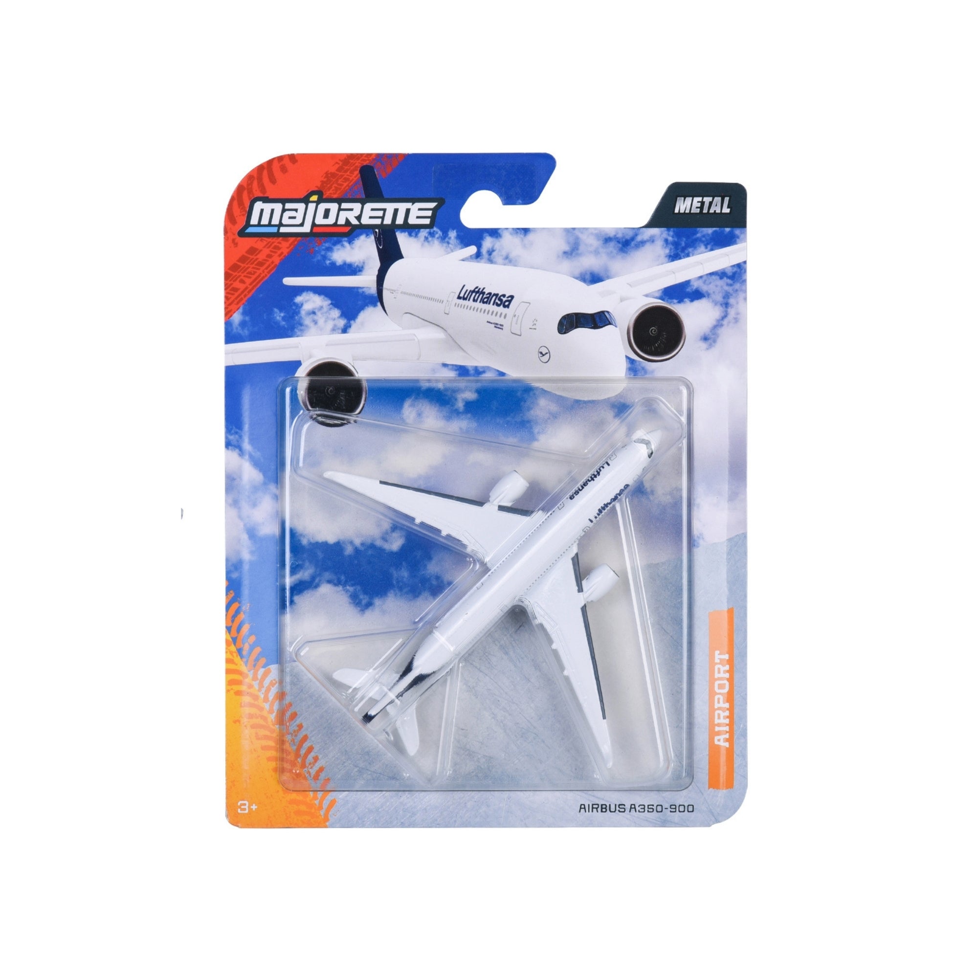 The Majorette Diecast Airplanes toy features a Lufthansa Airbus A350-900 model, packaged on a card with blue sky and cloud graphics, airline branding, an Airport label, and is suitable for ages 3 and up.