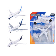 Three white toy airplanes with blue accents and one die-cast airplane, all from the Simba Dickie Majorette Airport Vehicles Assortment, featuring an Airbus A350-900 in Lufthansa livery on a sky-themed package.